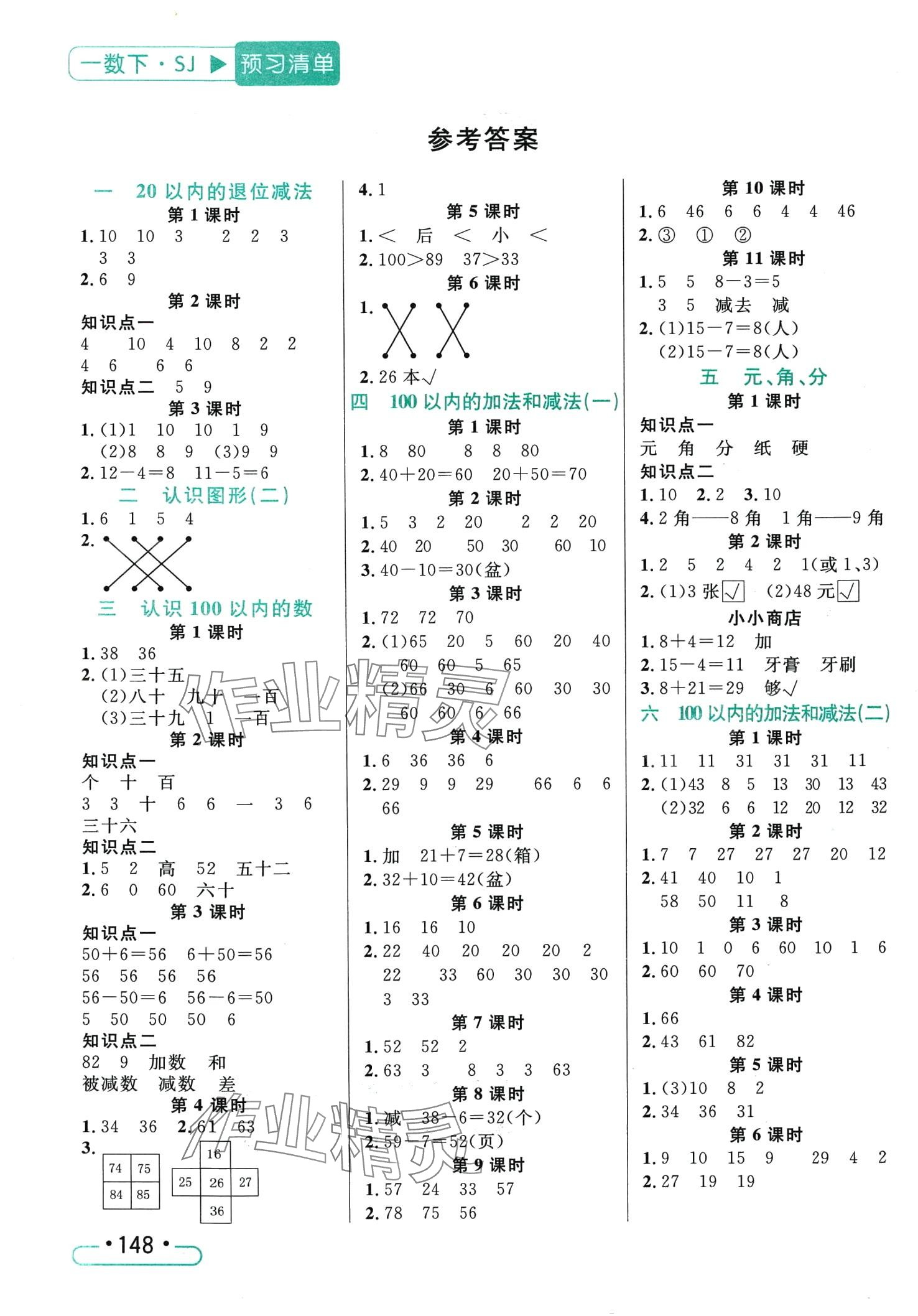 2024年小狀元隨堂作業(yè)一年級數(shù)學(xué)下冊蘇教版 第1頁