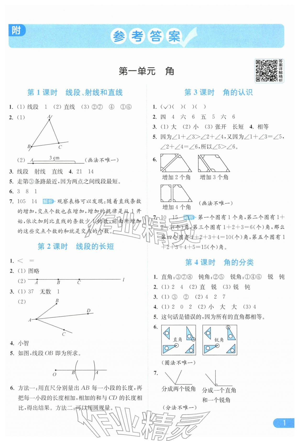 2026年亮点给力提优课时作业本三年级数学下册苏教版江苏专版&nbsp;参考答案第1页