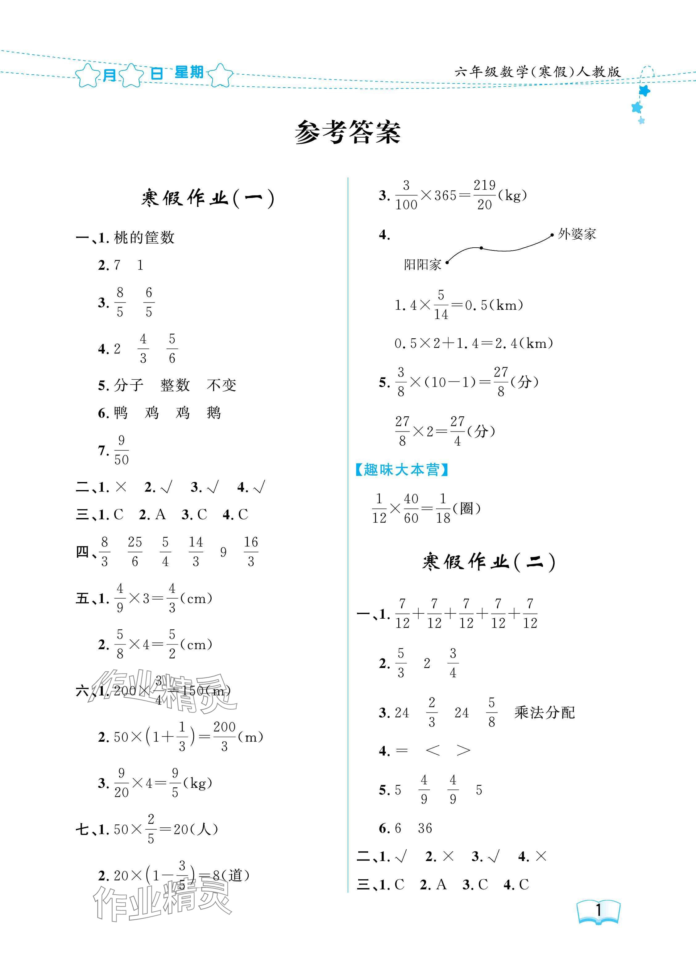 2025年陽光假日寒假六年級(jí)數(shù)學(xué)人教版 參考答案第1頁