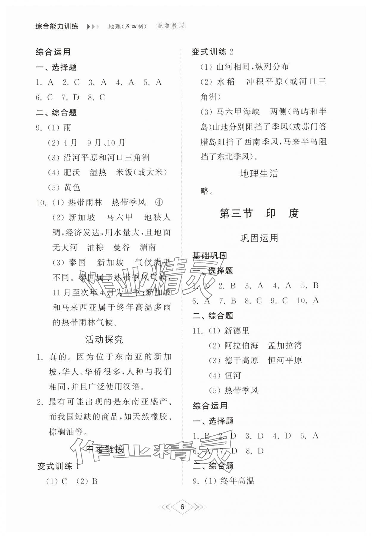 2025年綜合能力訓練六年級地理下冊魯教版54制 參考答案第6頁