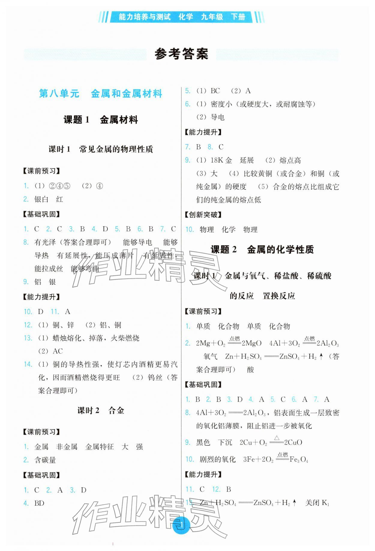 2026年能力培养与测试九年级化学下册人教版&nbsp;参考答案第1页