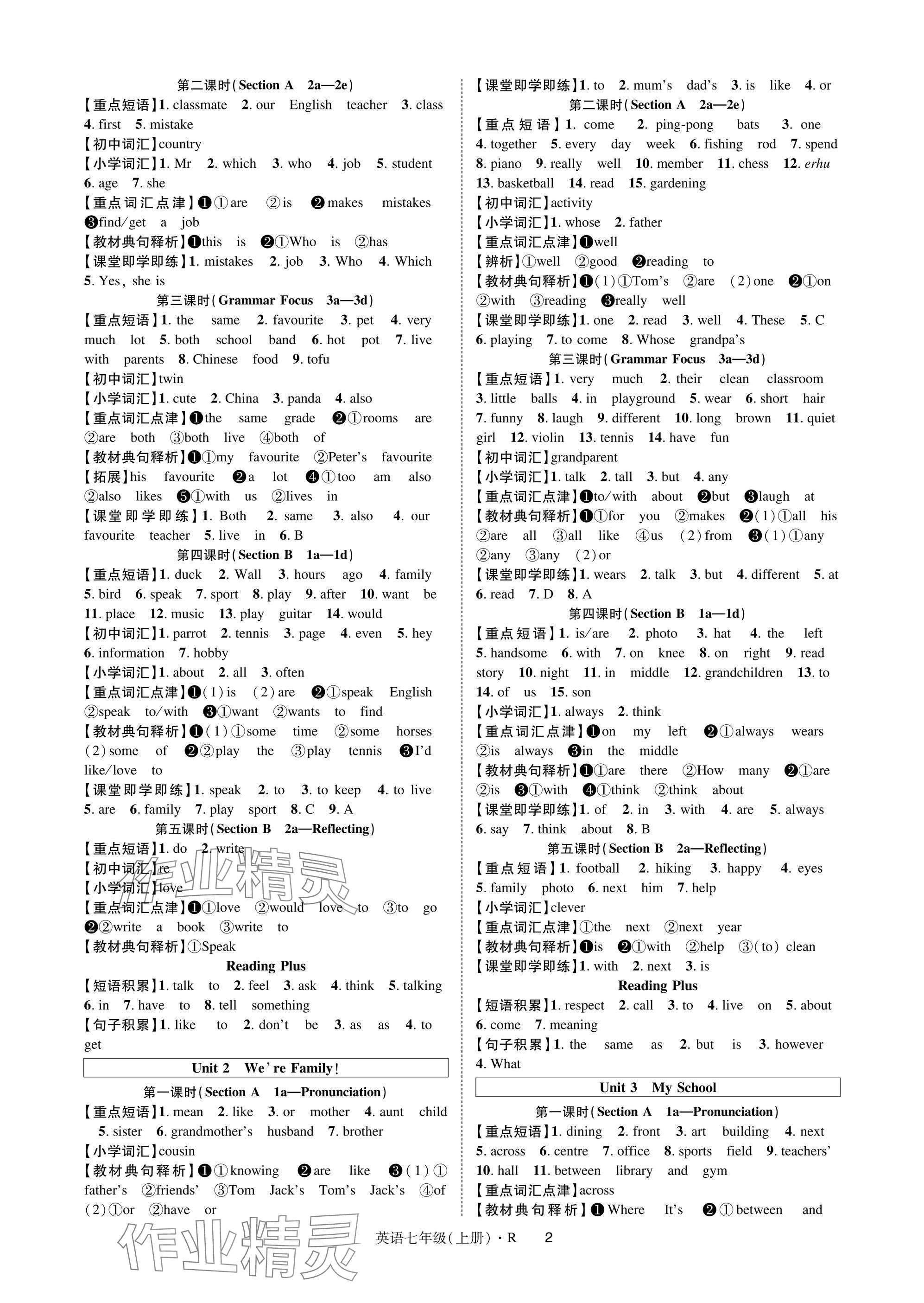2025年高分突破课时达标讲练测七年级英语上册人教版 参考答案第2页