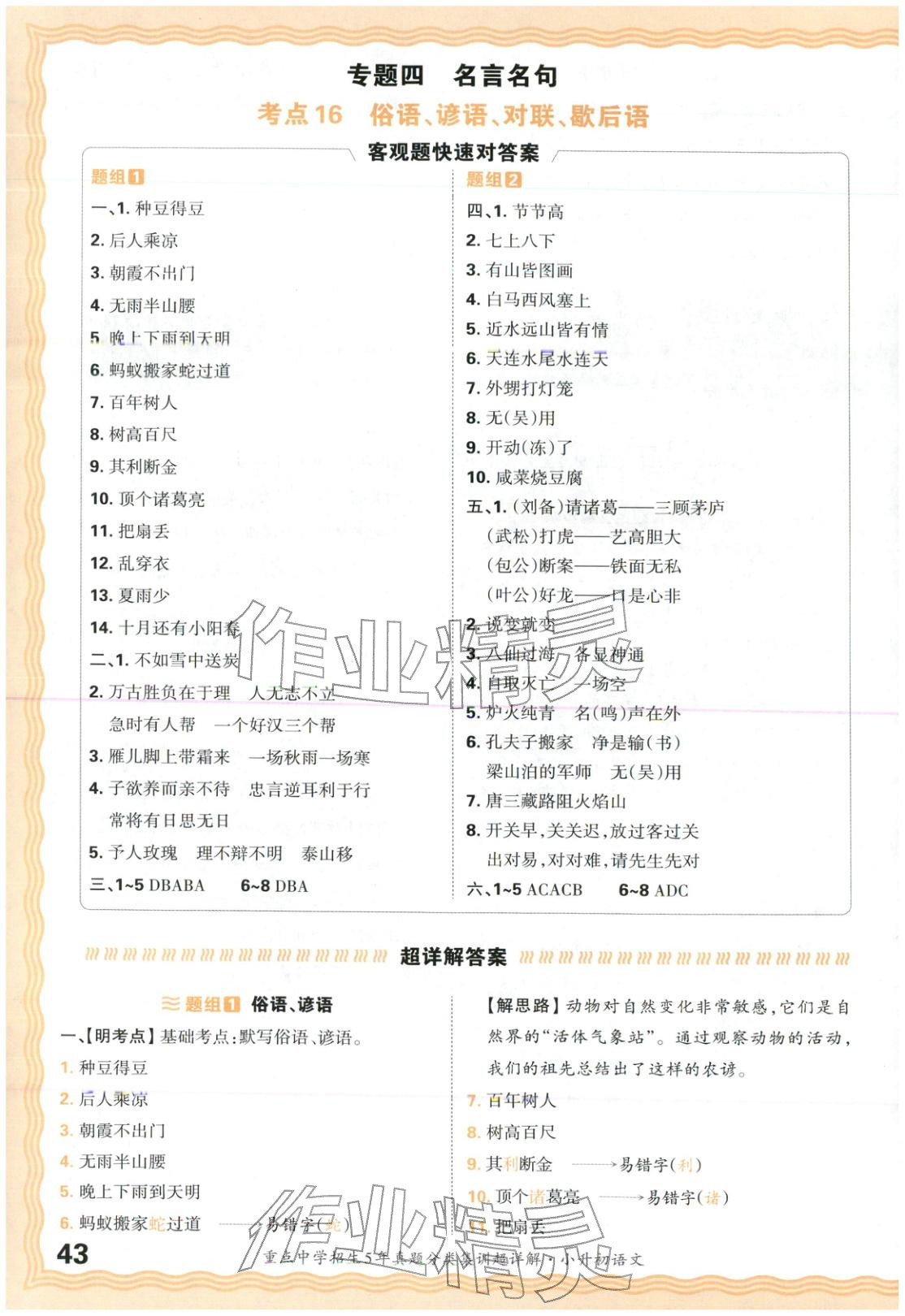 2026年重点中学招生5年真题分类集训小升初语文&nbsp;第43页