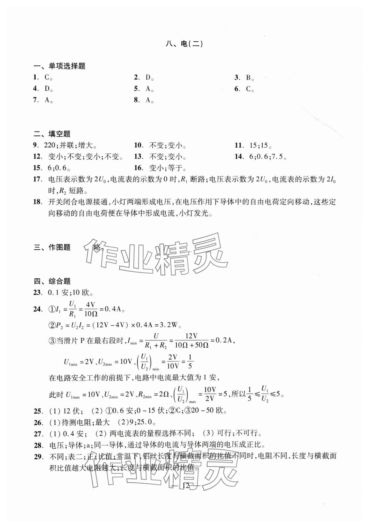 2025年初中物理测试与评估 参考答案第12页