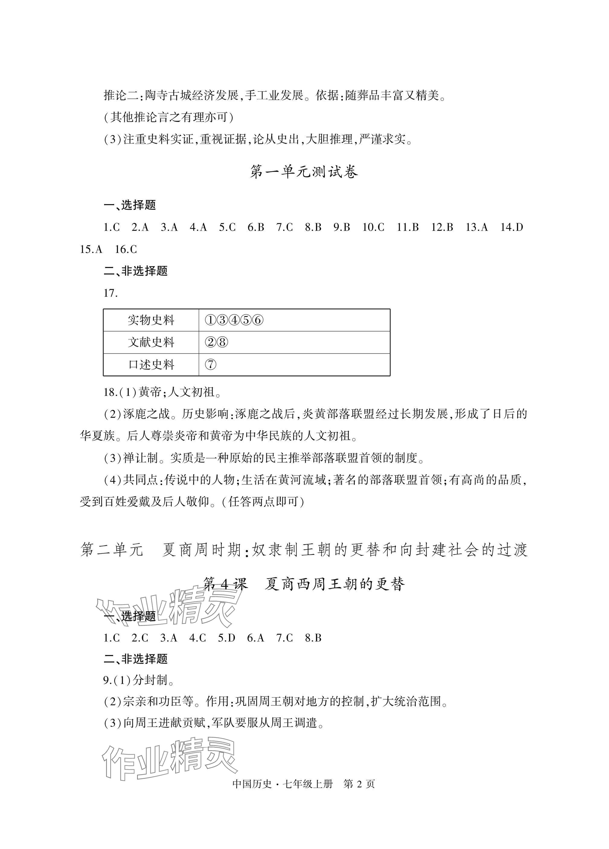 2025年自主学习指导课程与测试七年级历史上册人教版 参考答案第2页