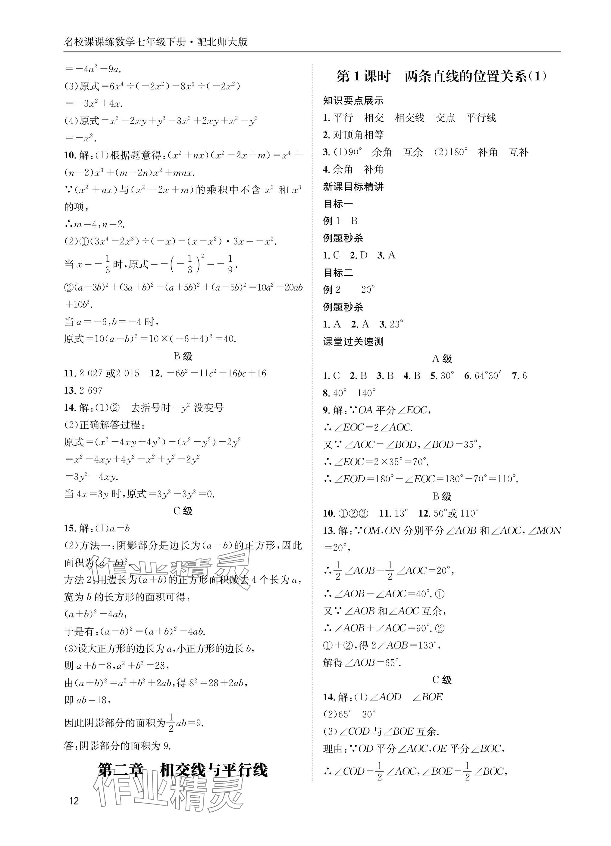 2025年名校課課練七年級數學下冊北師大版 參考答案第12頁