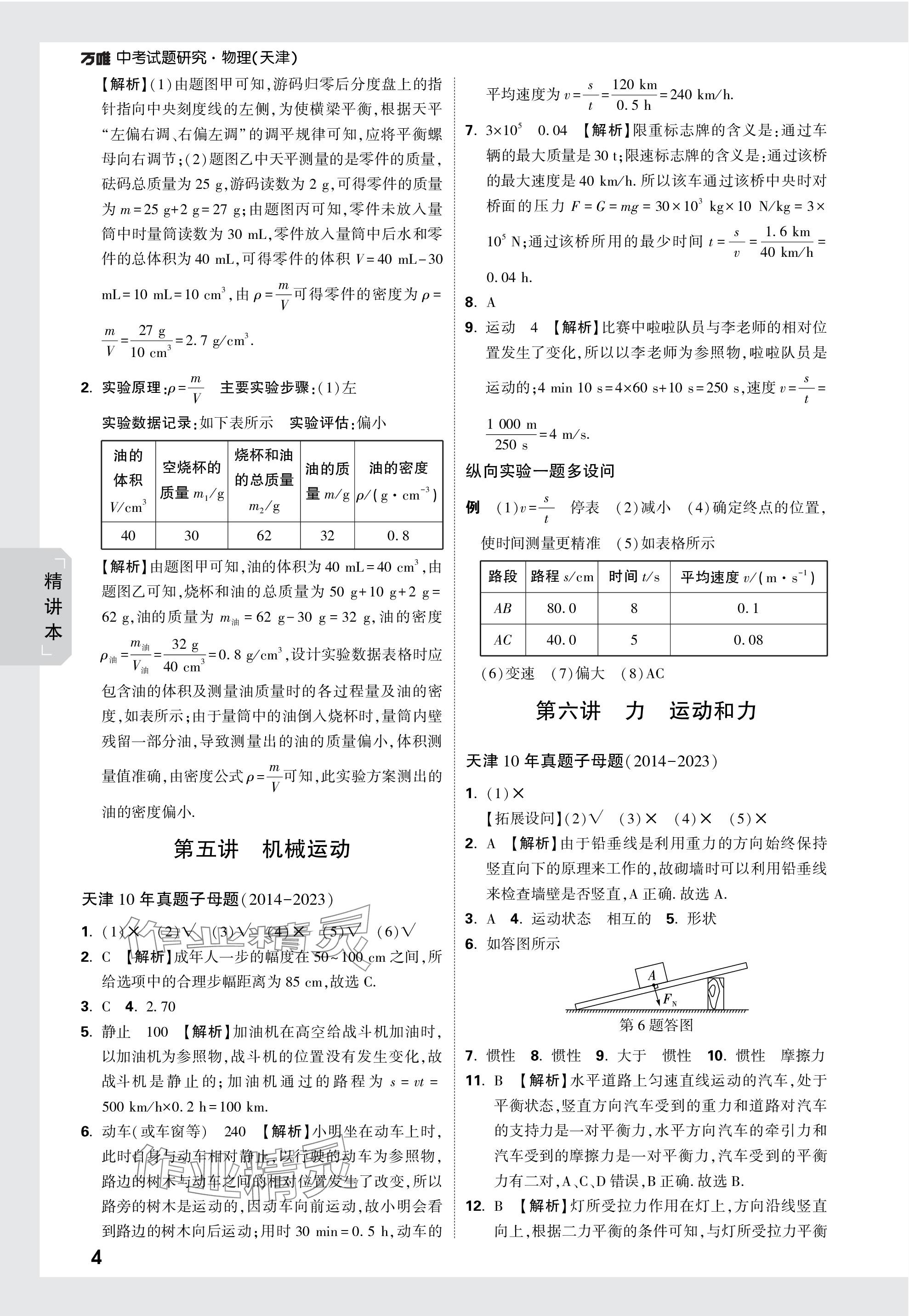 2024年万唯中考试题研究物理天津专版 参考答案第4页