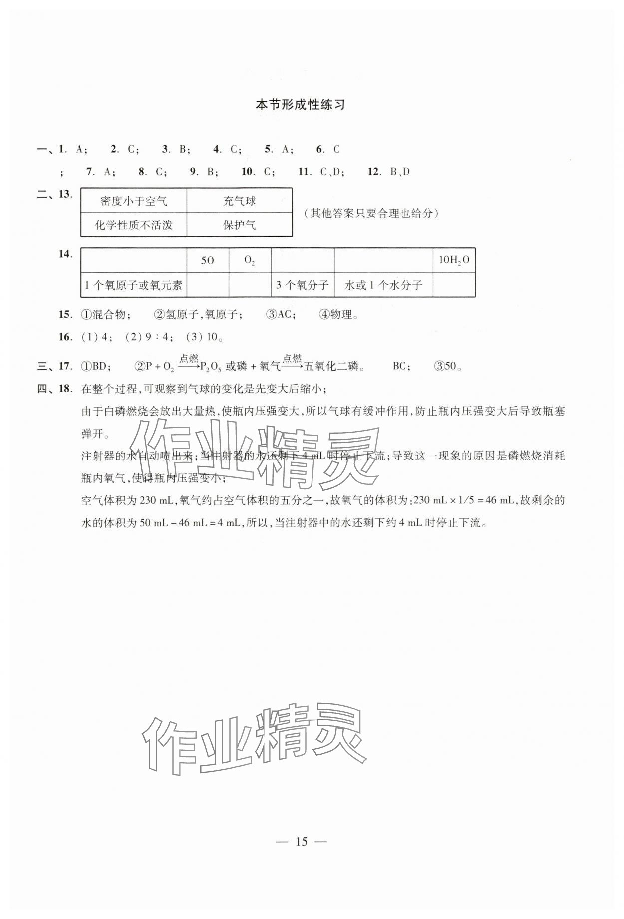 2024年双基过关随堂练九年级化学全一册沪教版 参考答案第15页