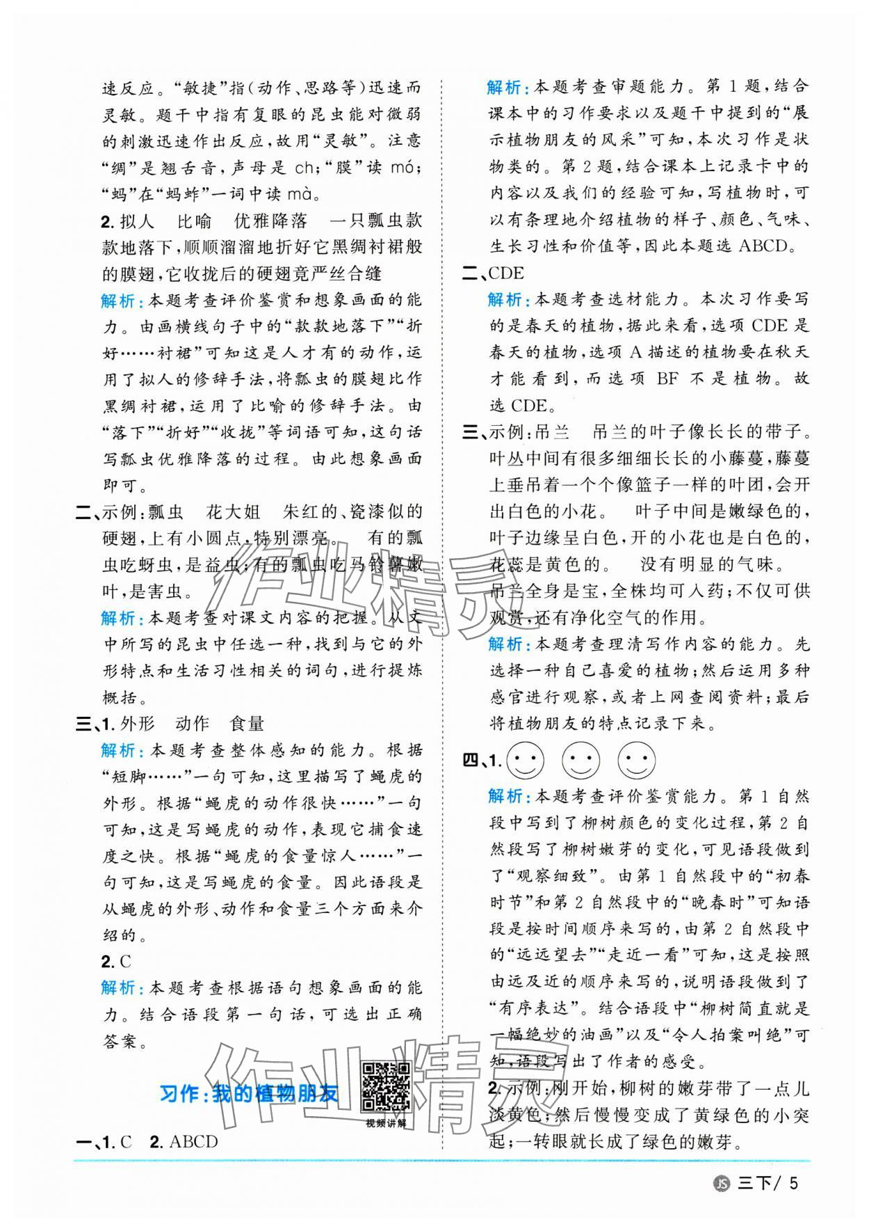 2025年阳光同学课时优化作业三年级语文下册人教版江苏专版 参考答案第5页