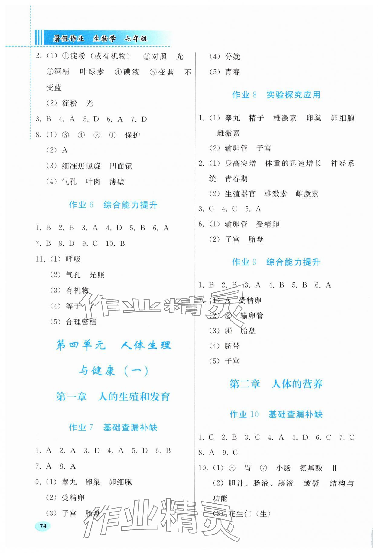 2025年暑假作业人民教育出版社七年级生物人教版 第2页