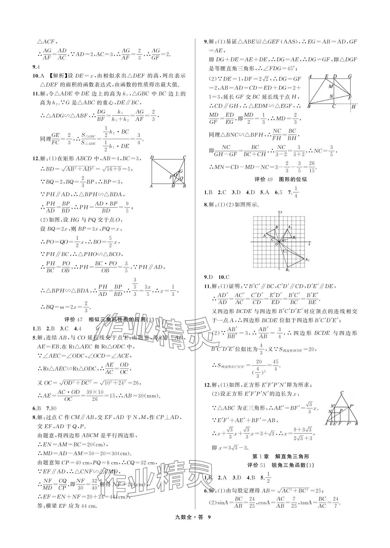 2023年名師面對面學科素養評價九年級數學上冊浙教版 參考答案第9頁