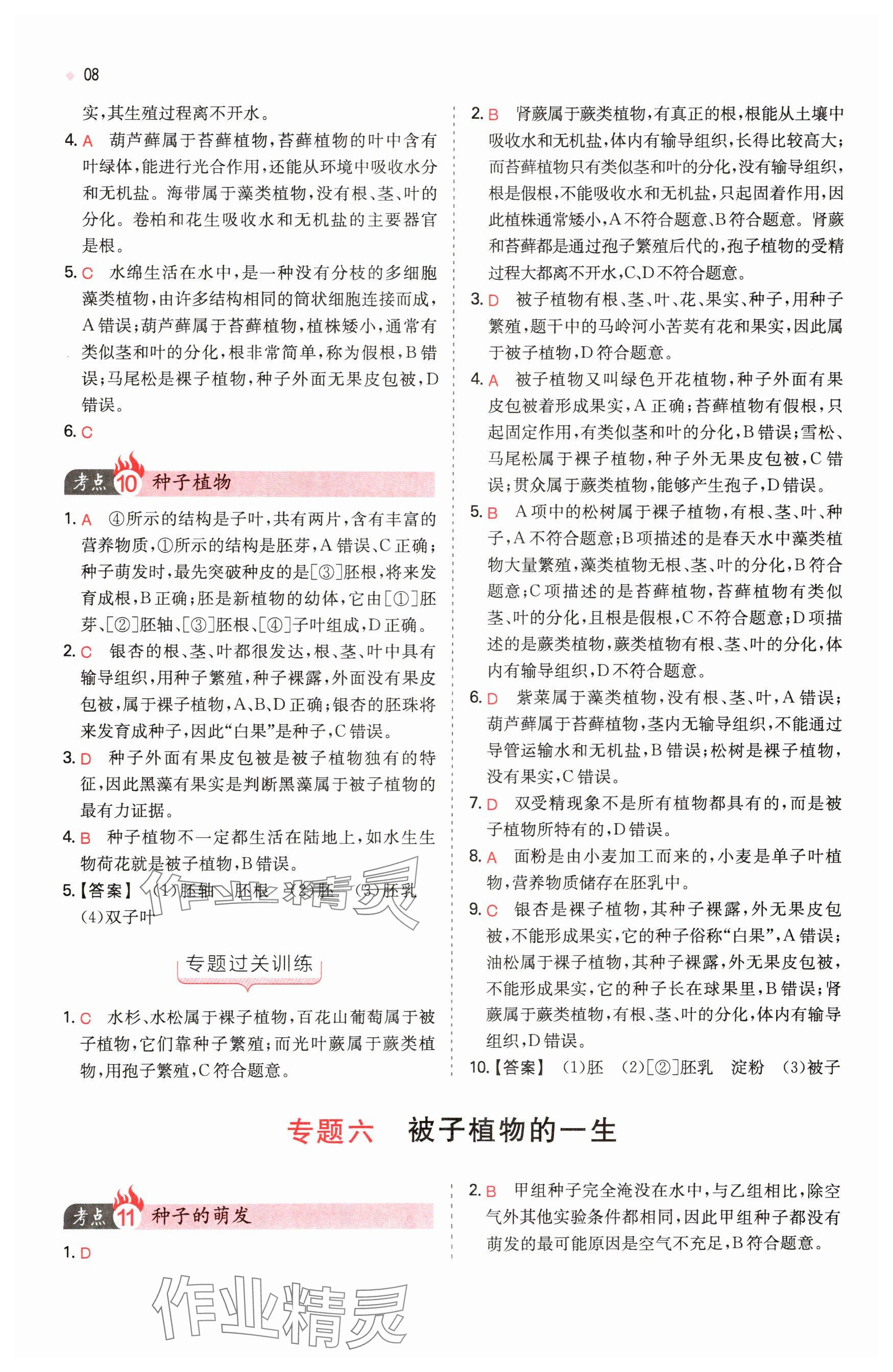 2025年一本中考训练方案生物&nbsp;参考答案第8页