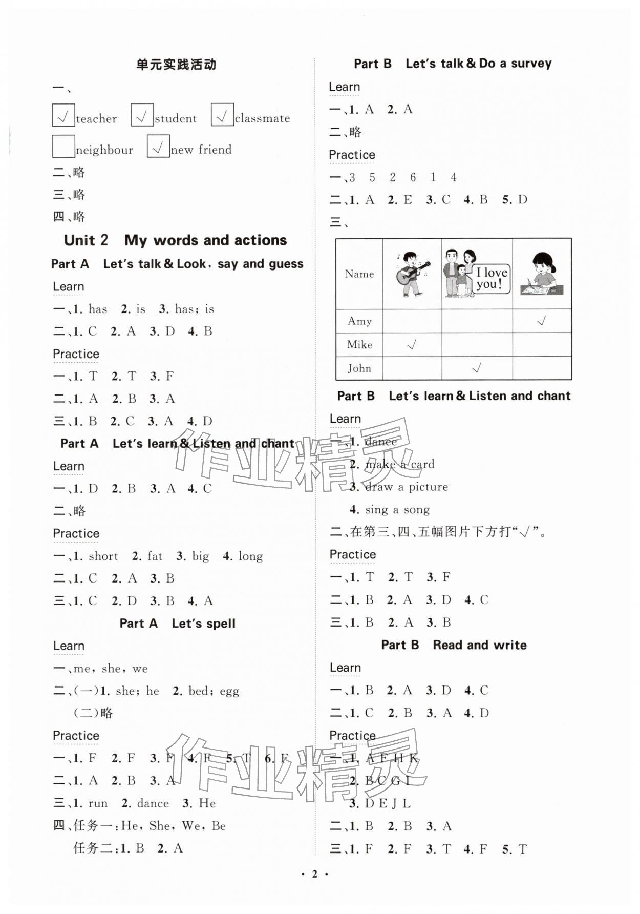 2026年同步练习册分层指导三年级英语下册人教版&nbsp;参考答案第2页