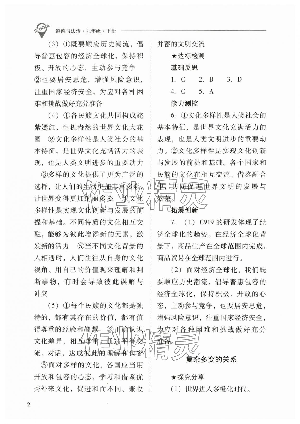 2025年新课程问题解决导学方案九年级道德与法治下册人教版 参考答案第2页