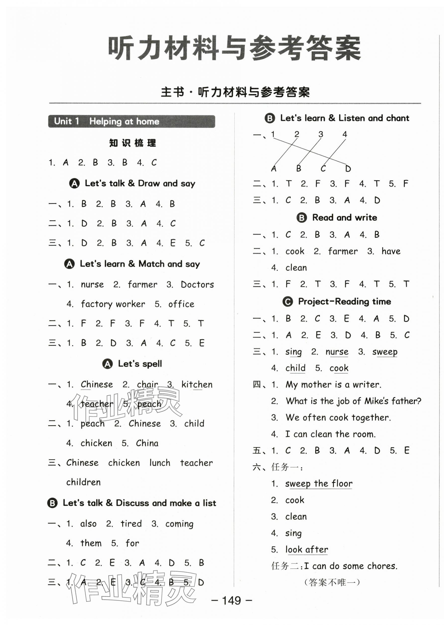 2025年全品学练考四年级英语上册人教版 参考答案第1页