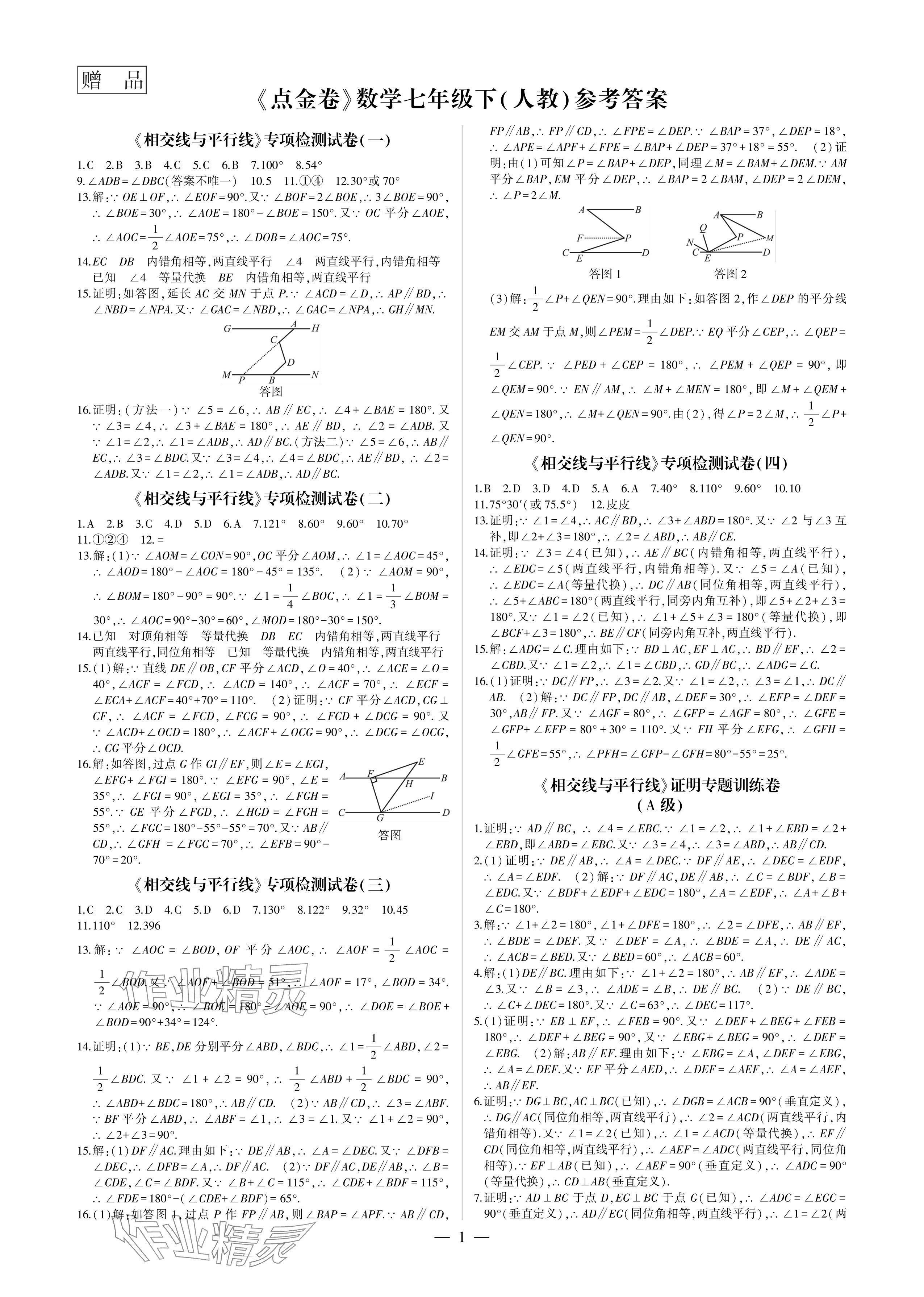 2024年點(diǎn)金卷七年級數(shù)學(xué)下冊人教版 參考答案第1頁