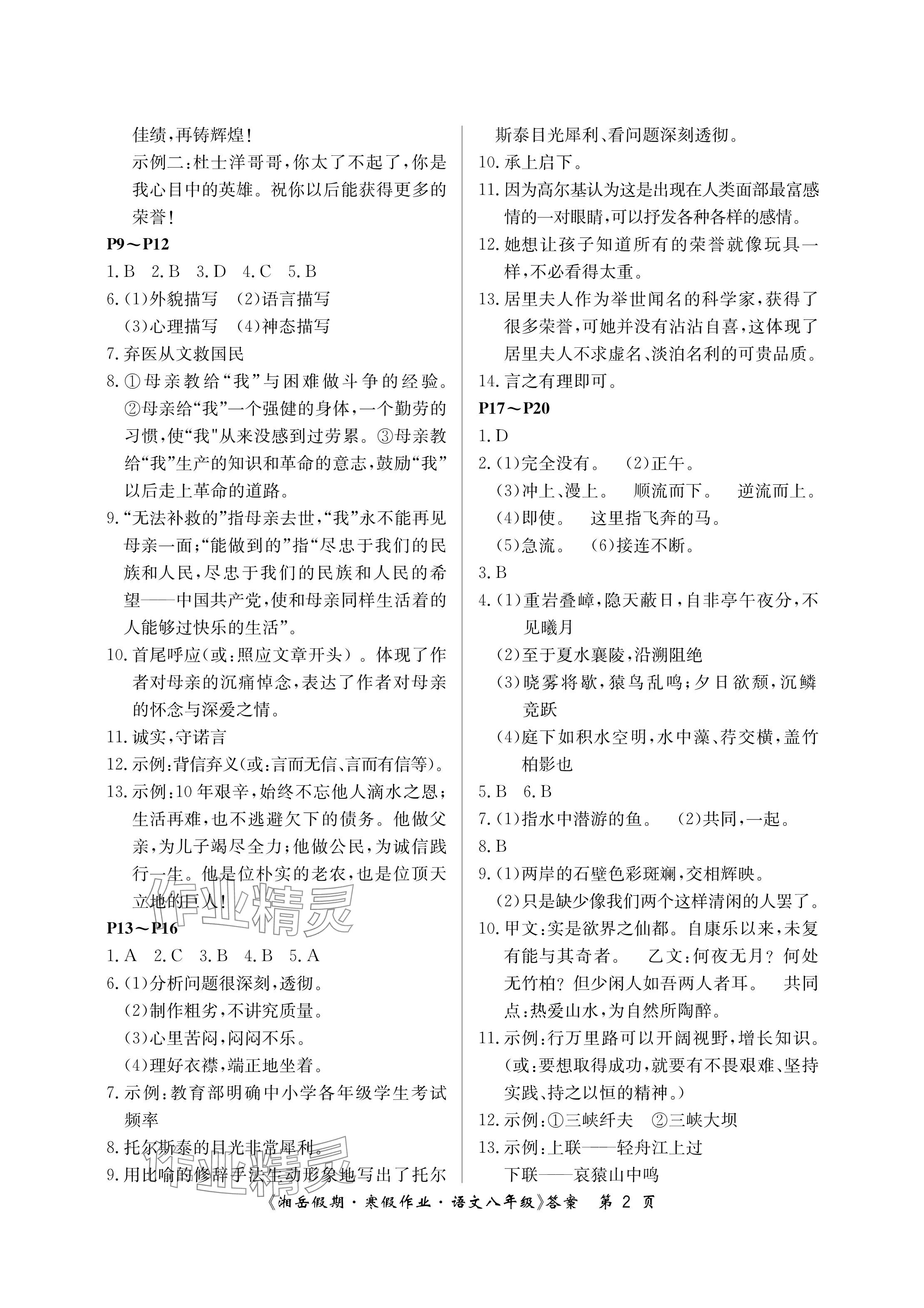 2025年湘岳假期寒假作業(yè)八年級(jí)語(yǔ)文人教版第三版 參考答案第2頁(yè)