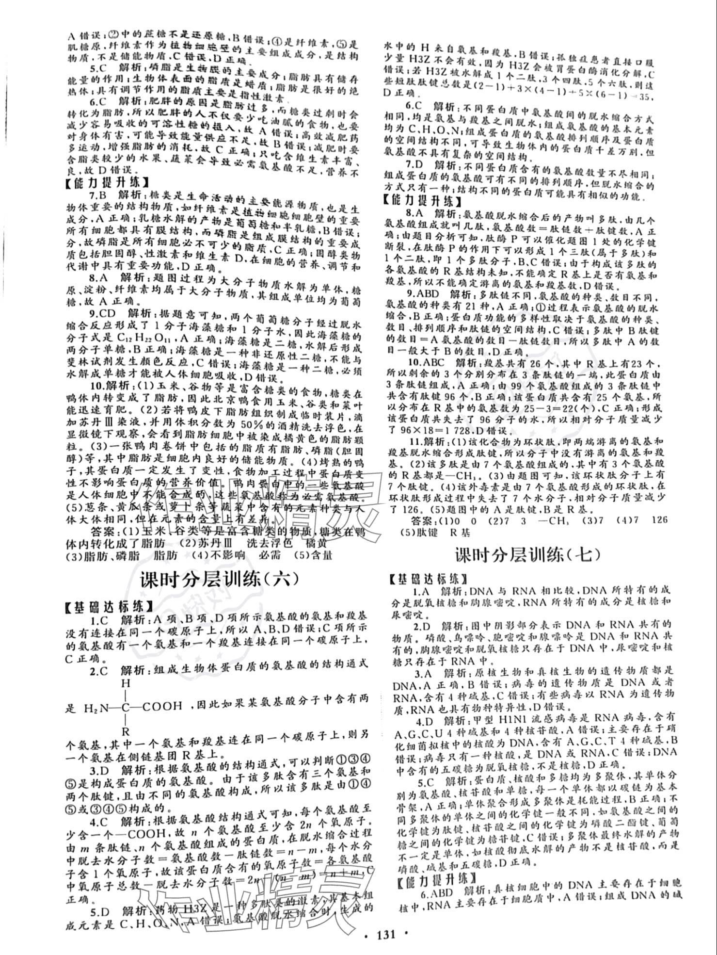 2023年同步練習(xí)冊分層檢測卷高中生物必修1人教版 參考答案第3頁