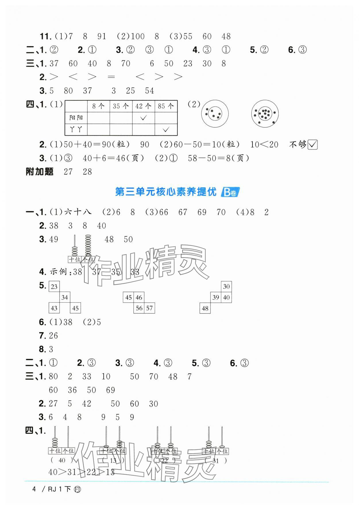 2025年陽光同學(xué)一線名師全優(yōu)好卷一年級(jí)數(shù)學(xué)下冊(cè)人教版福建專版 參考答案第4頁