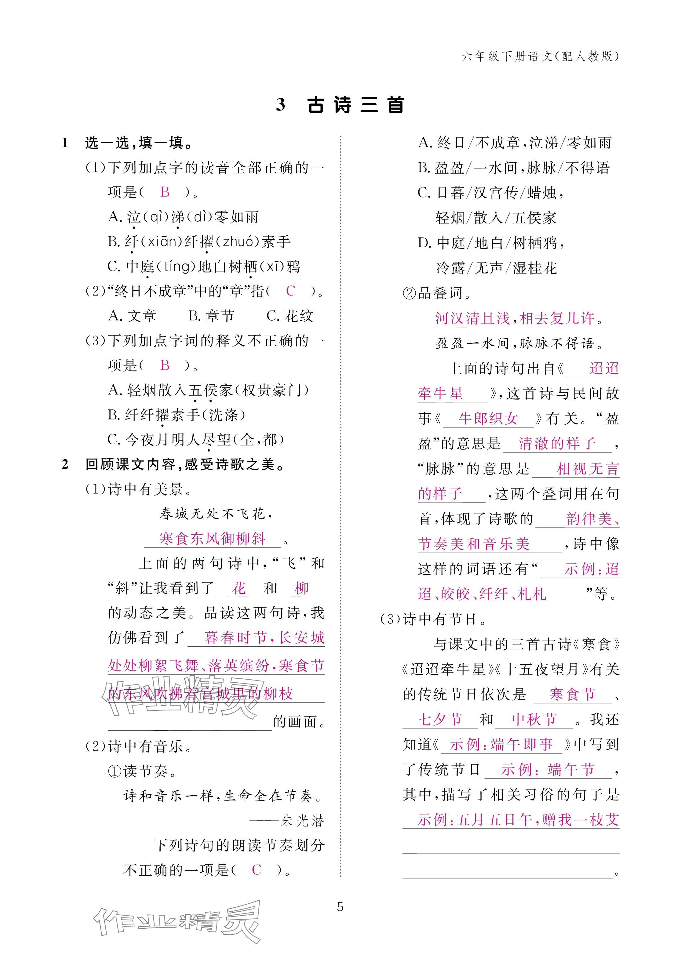 2025年作業(yè)本江西教育出版社六年級(jí)語(yǔ)文下冊(cè)人教版 參考答案第5頁(yè)