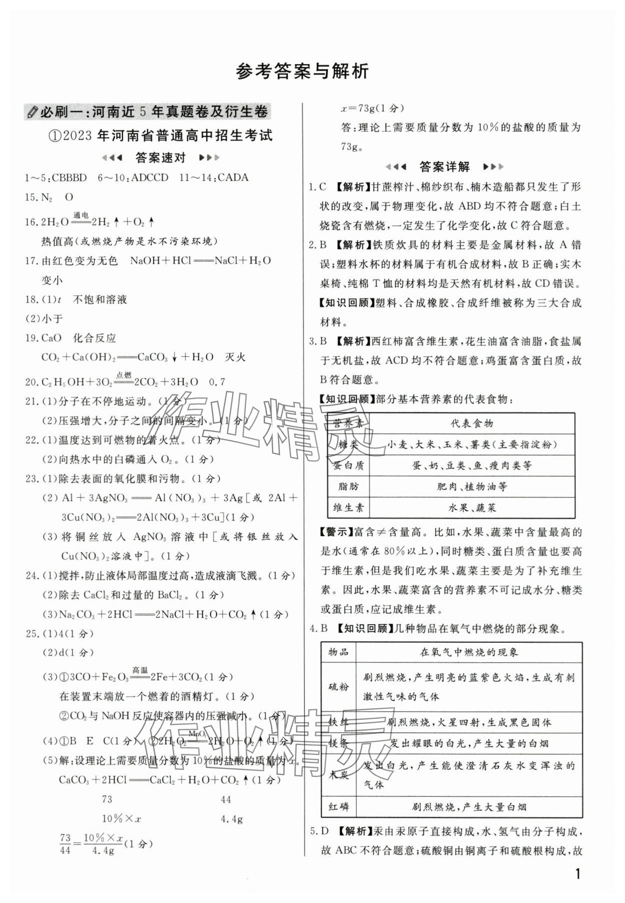 2024年新一線必刷卷化學(xué)河南專版 參考答案第1頁