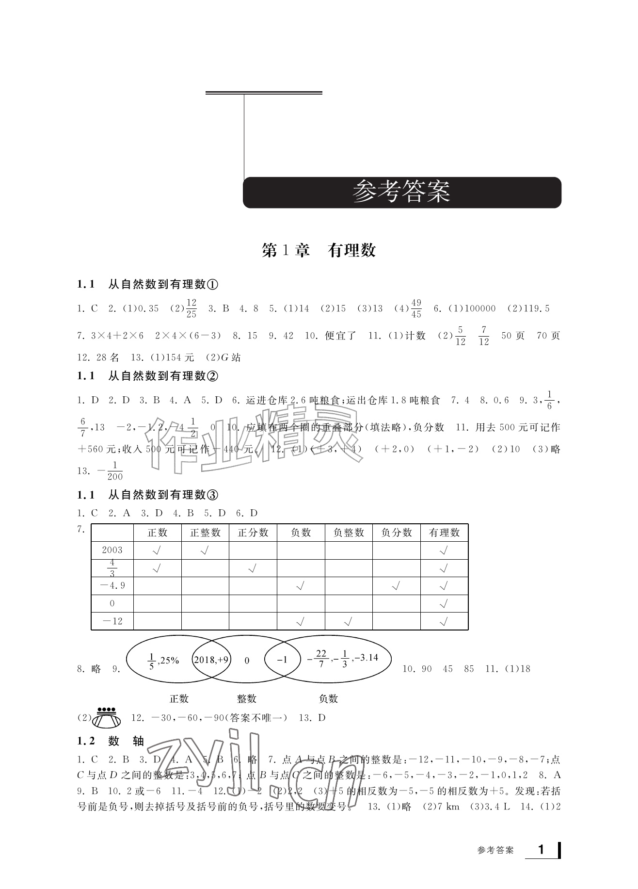 2026年新课标学习方法指导丛书七年级数学上册浙教版&nbsp;参考答案第1页