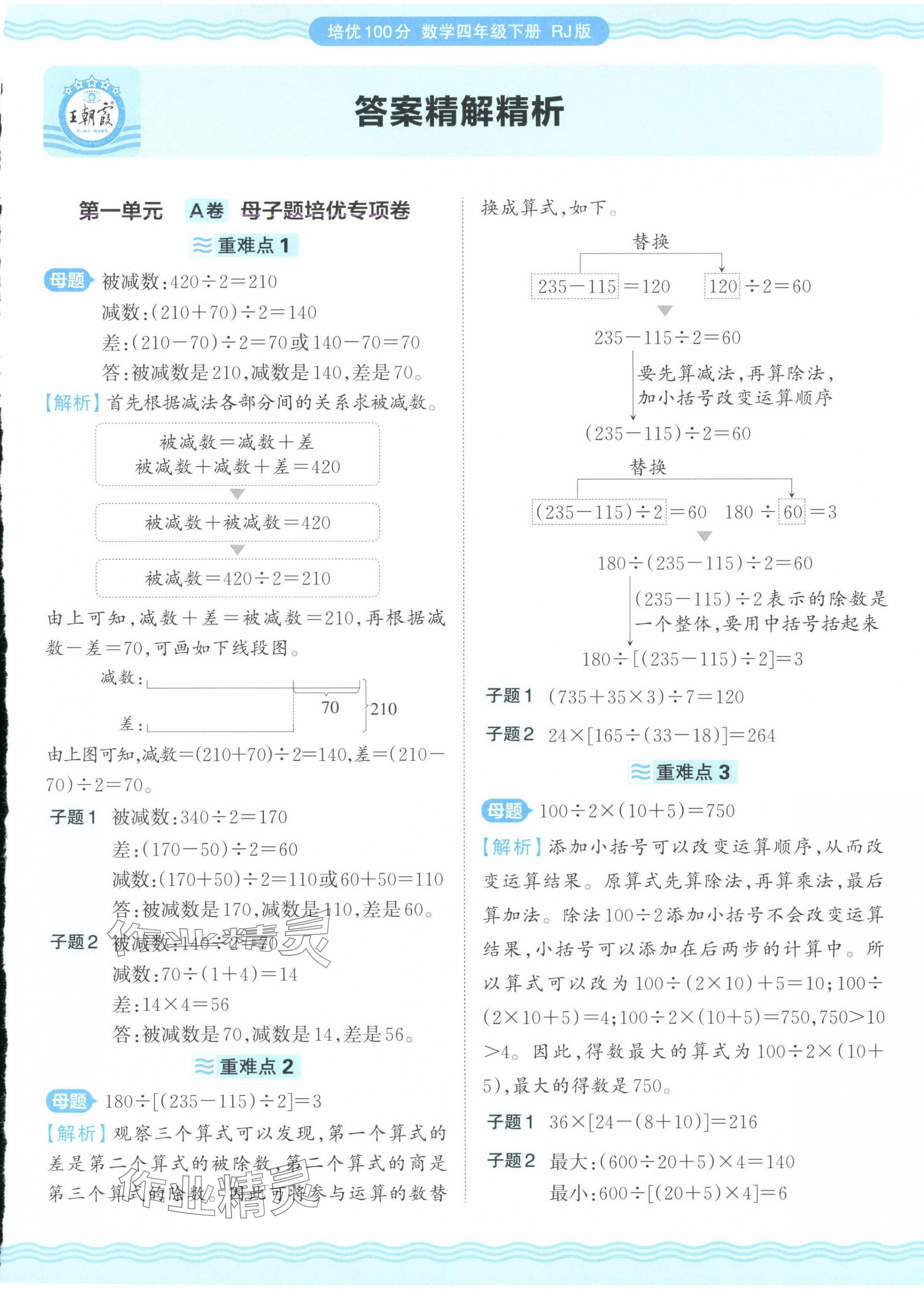 2025年王朝霞培优100分四年级数学下册人教版 参考答案第1页