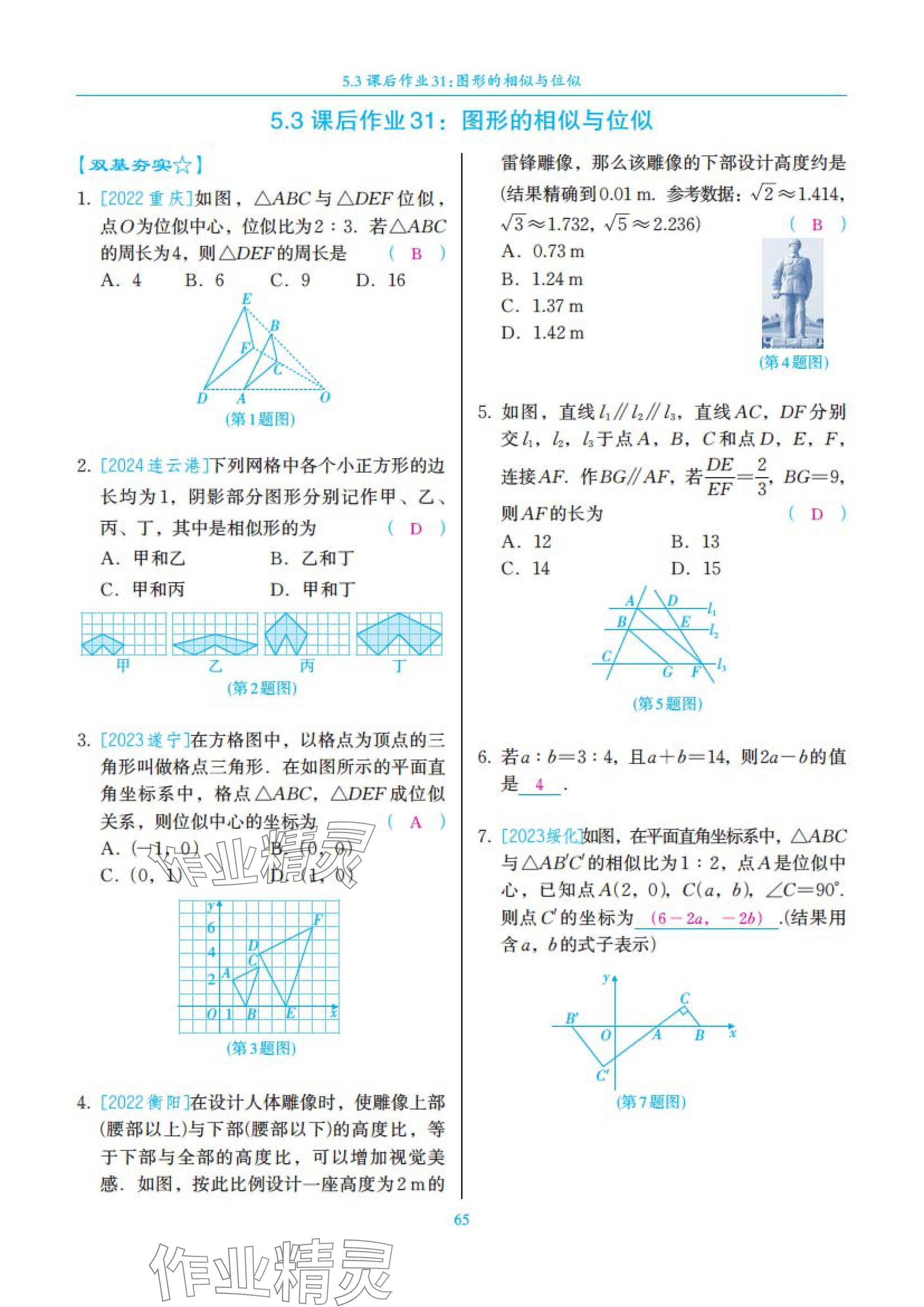2025年中考复习一本全数学北师大版深圳专版&nbsp;参考答案第65页