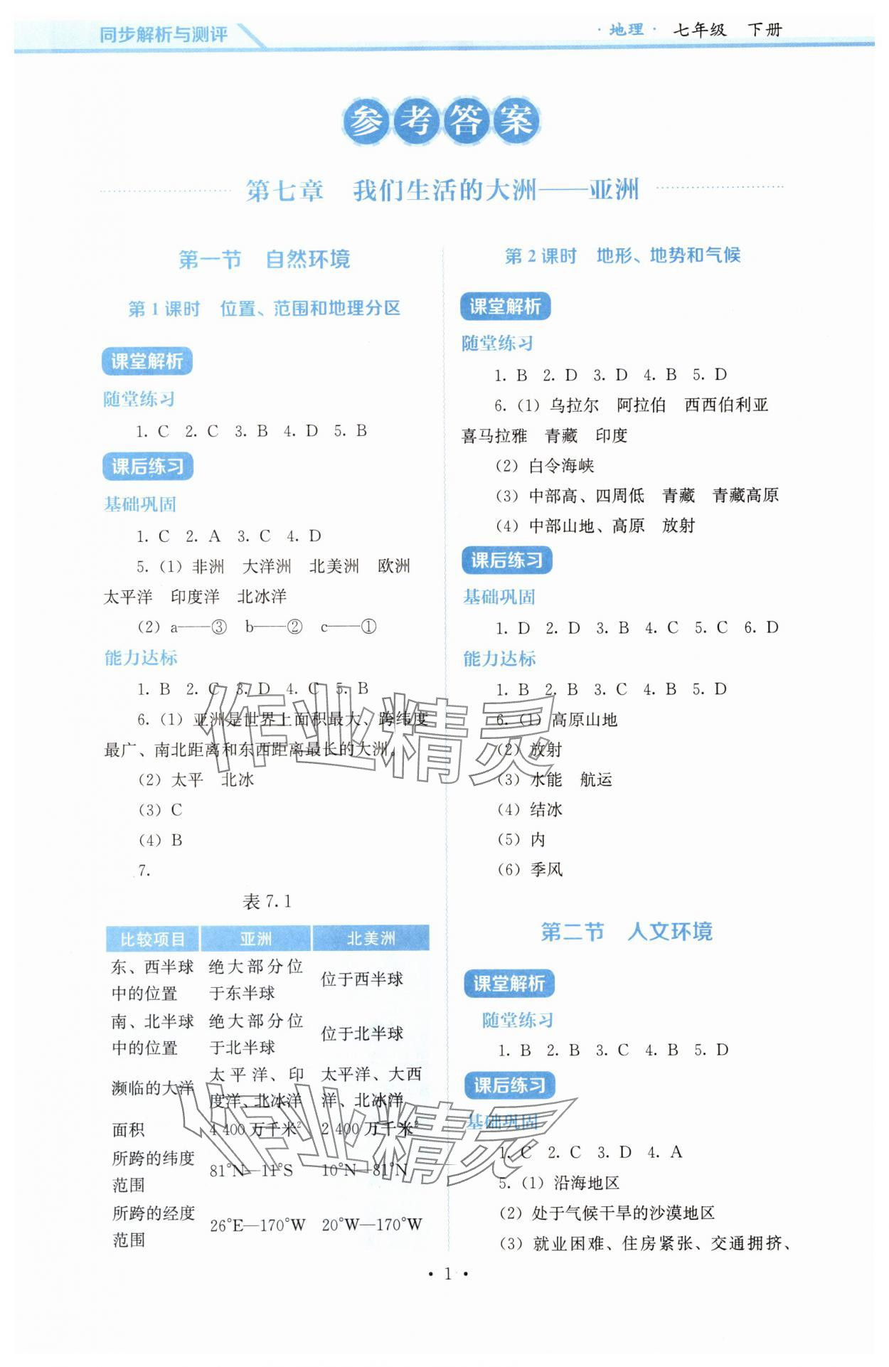 2025年人教金学典同步练习册同步解析与测评七年级地理下册人教版 参考答案第1页