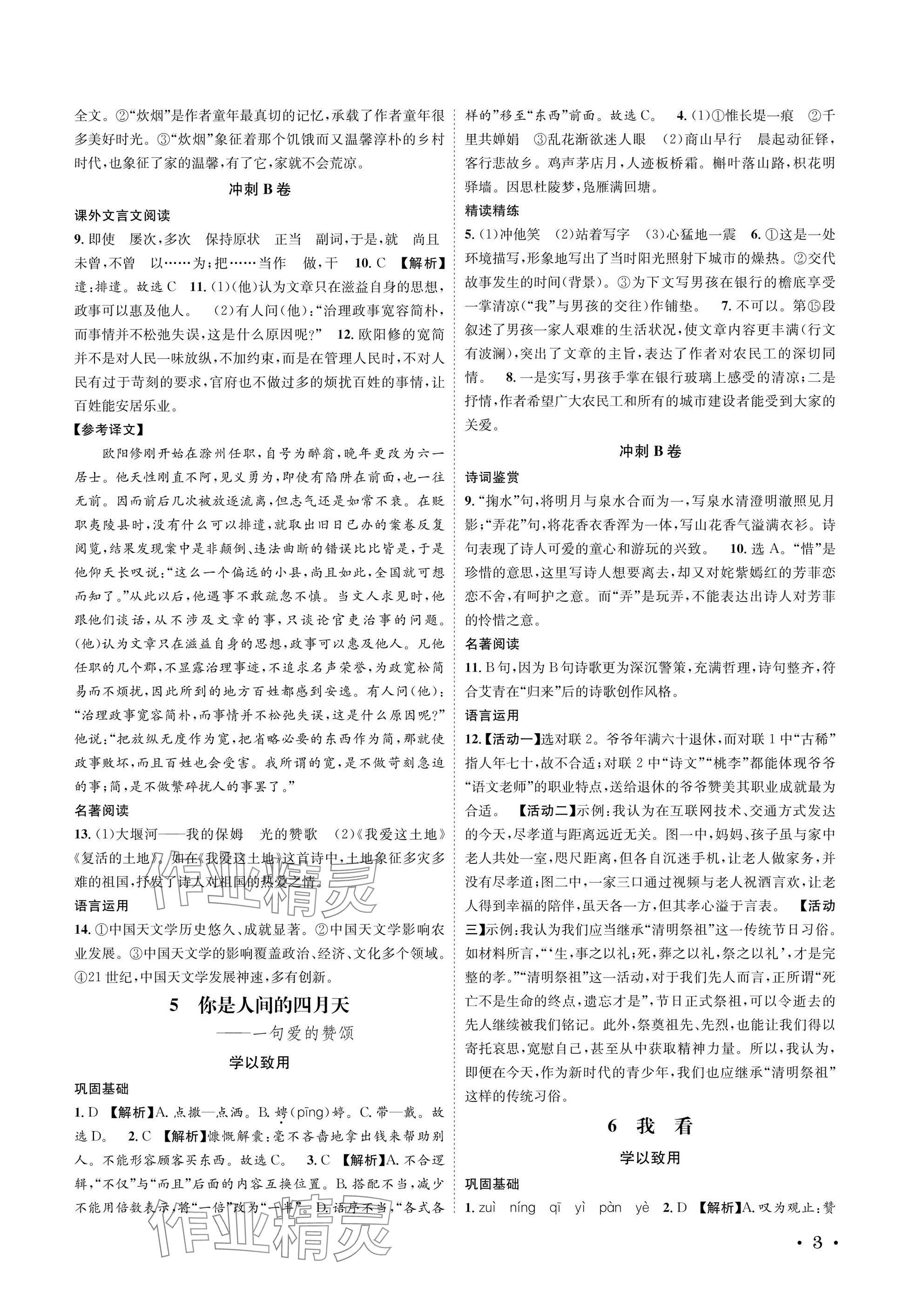 2025年蓉城学霸九年级语文上册人教版 参考答案第3页