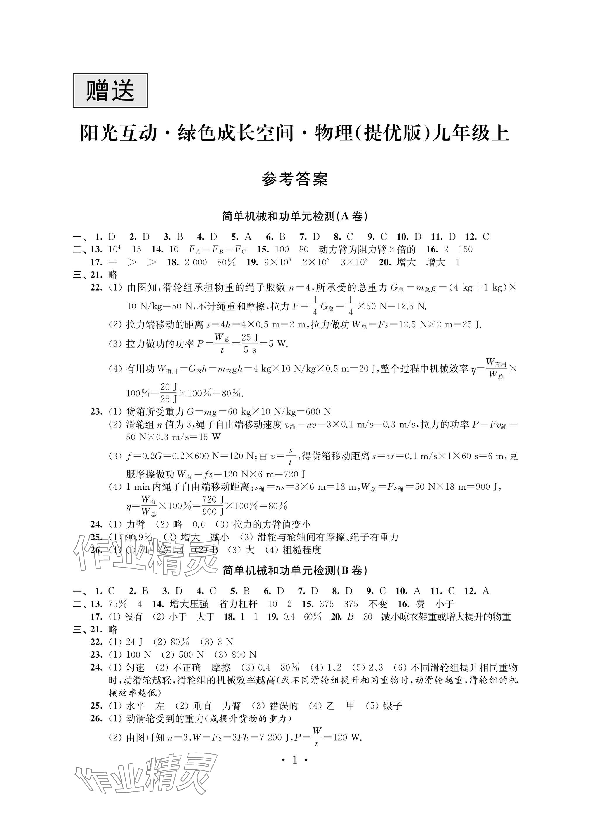 2024年阳光互动绿色成长空间九年级物理上册苏科版提优版 参考答案第1页