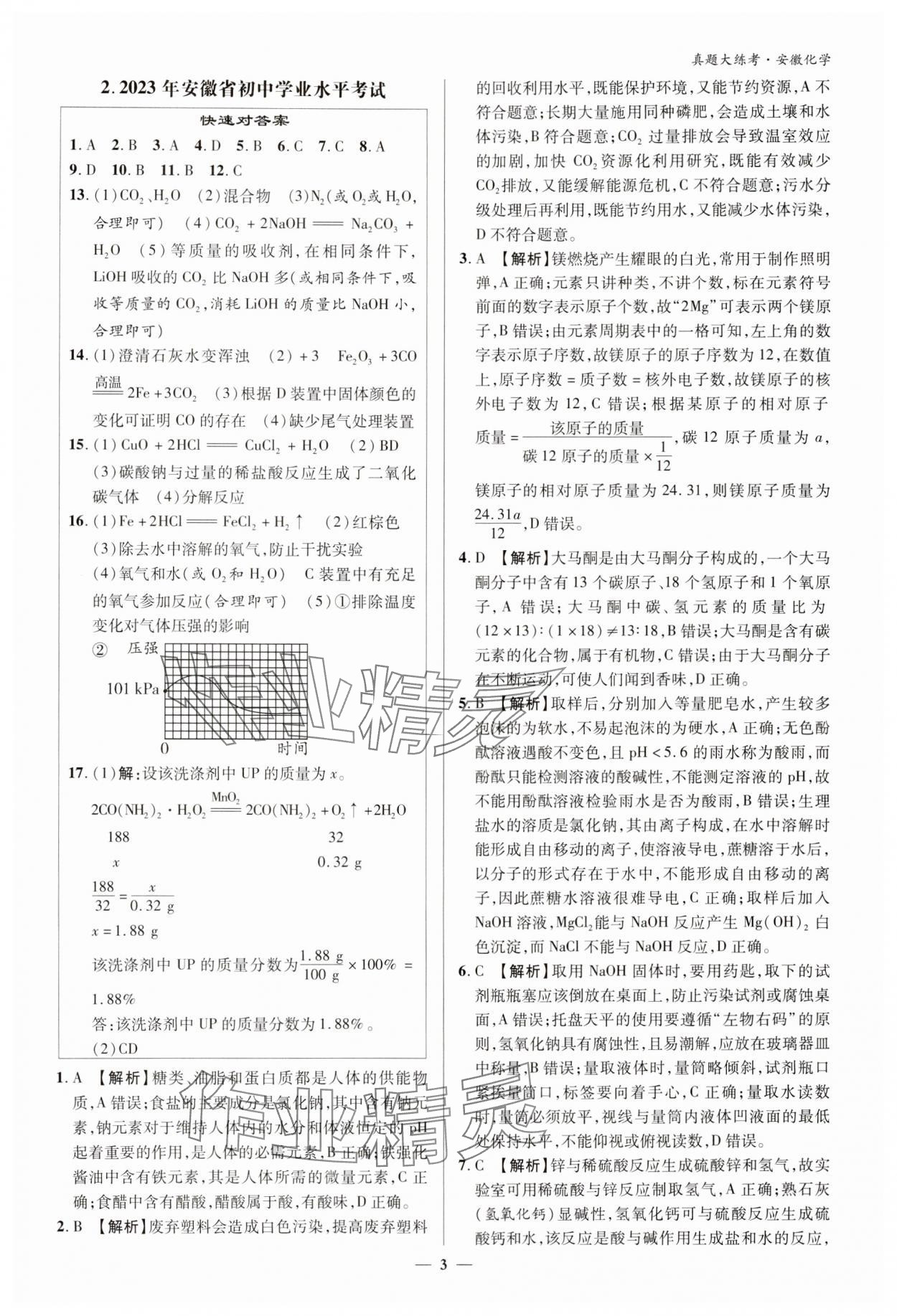 2024年中考真題大練考化學安徽專版 參考答案第2頁
