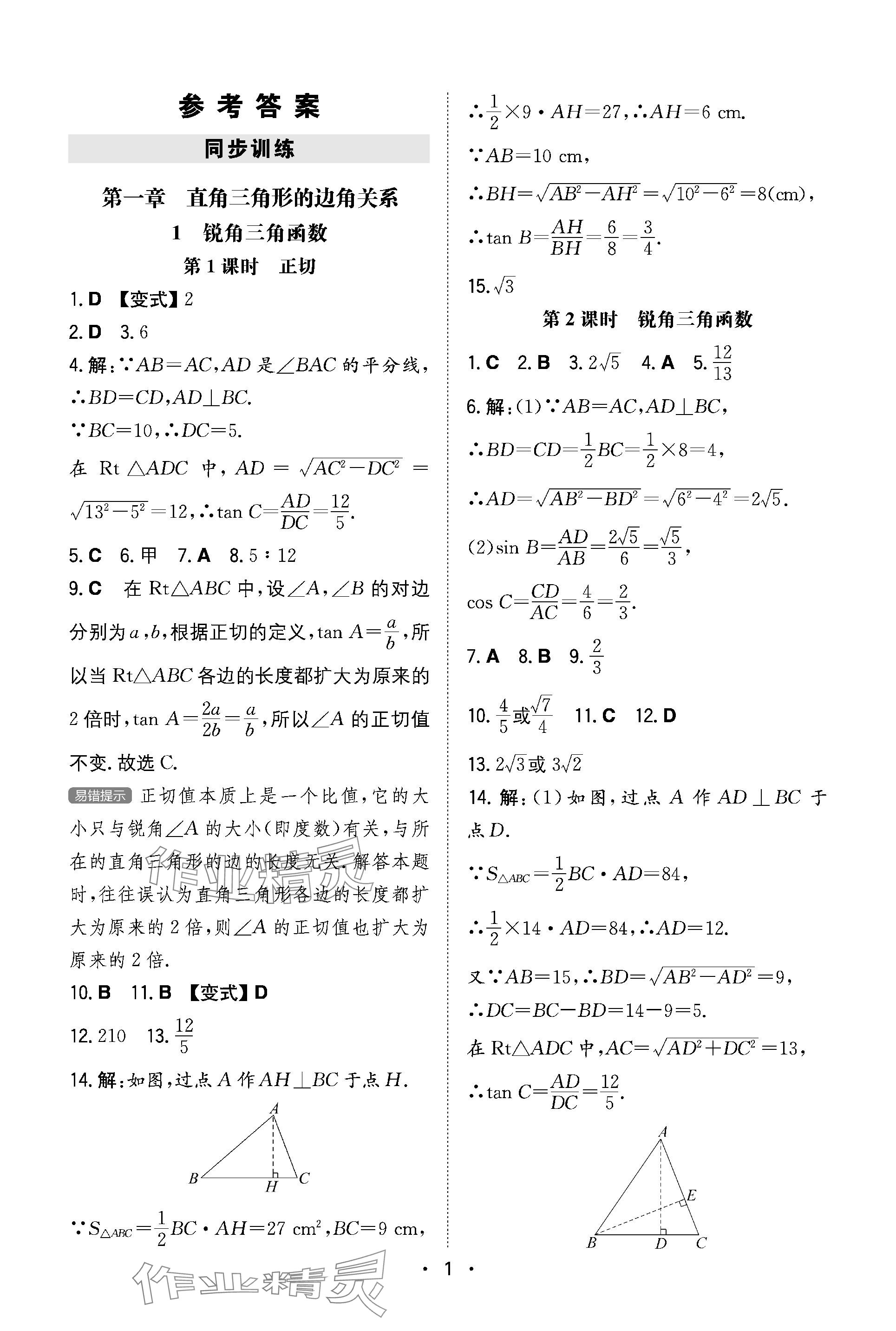 2024年一本同步訓(xùn)練九年級(jí)初中數(shù)學(xué)下冊(cè)北師大版 參考答案第1頁