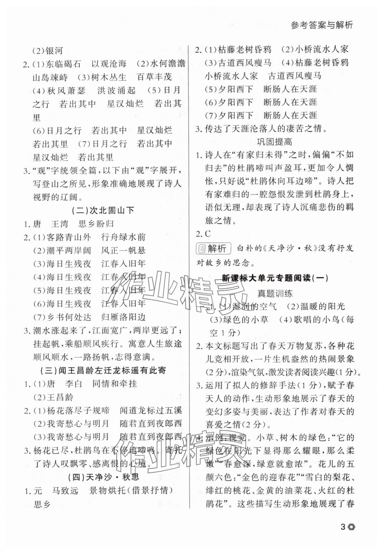 2025年点石成金金牌每课通七年级语文上册人教版辽宁专版 参考答案第3页