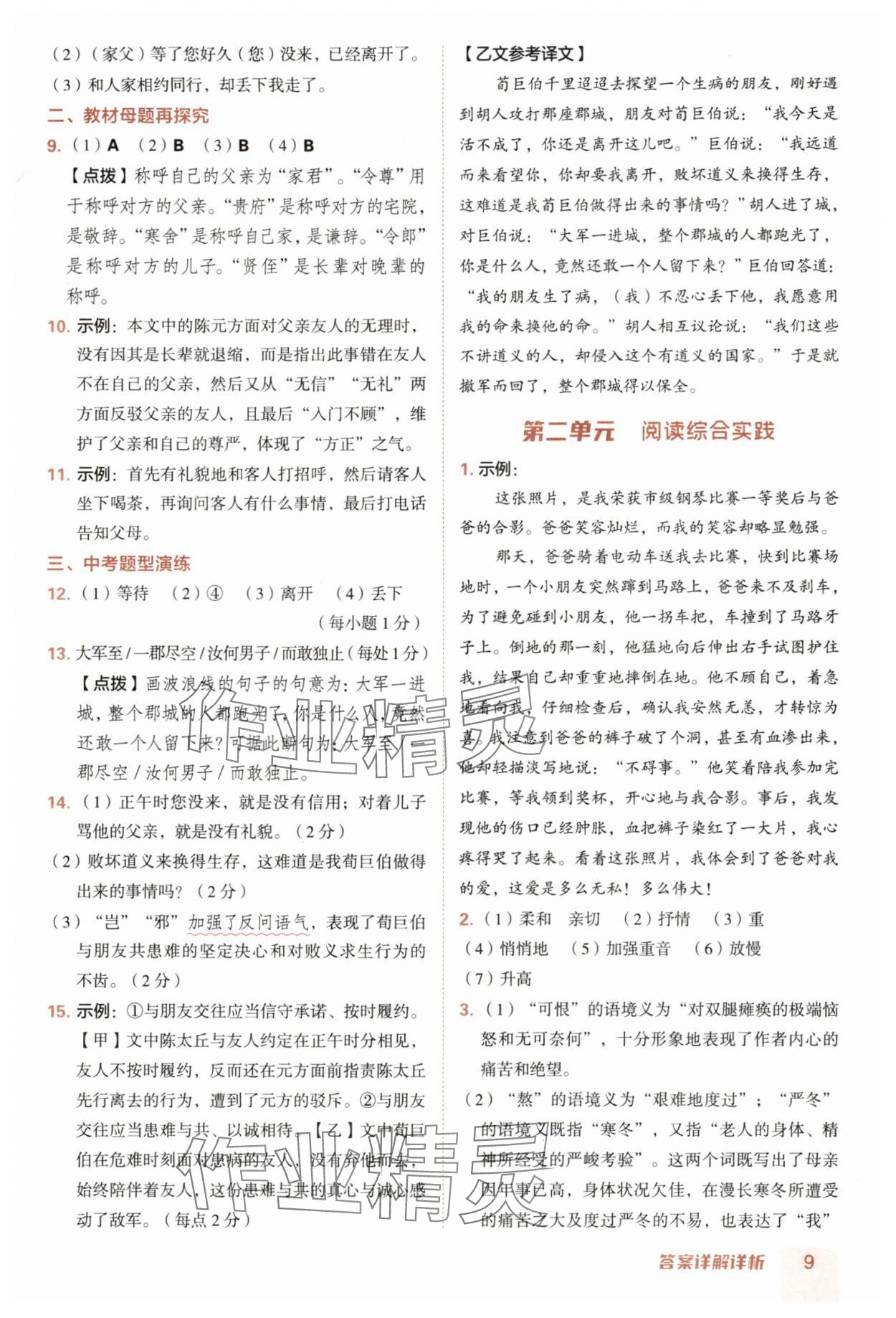 2025年综合应用创新题典中点七年级语文上册人教版陕西专版 参考答案第9页