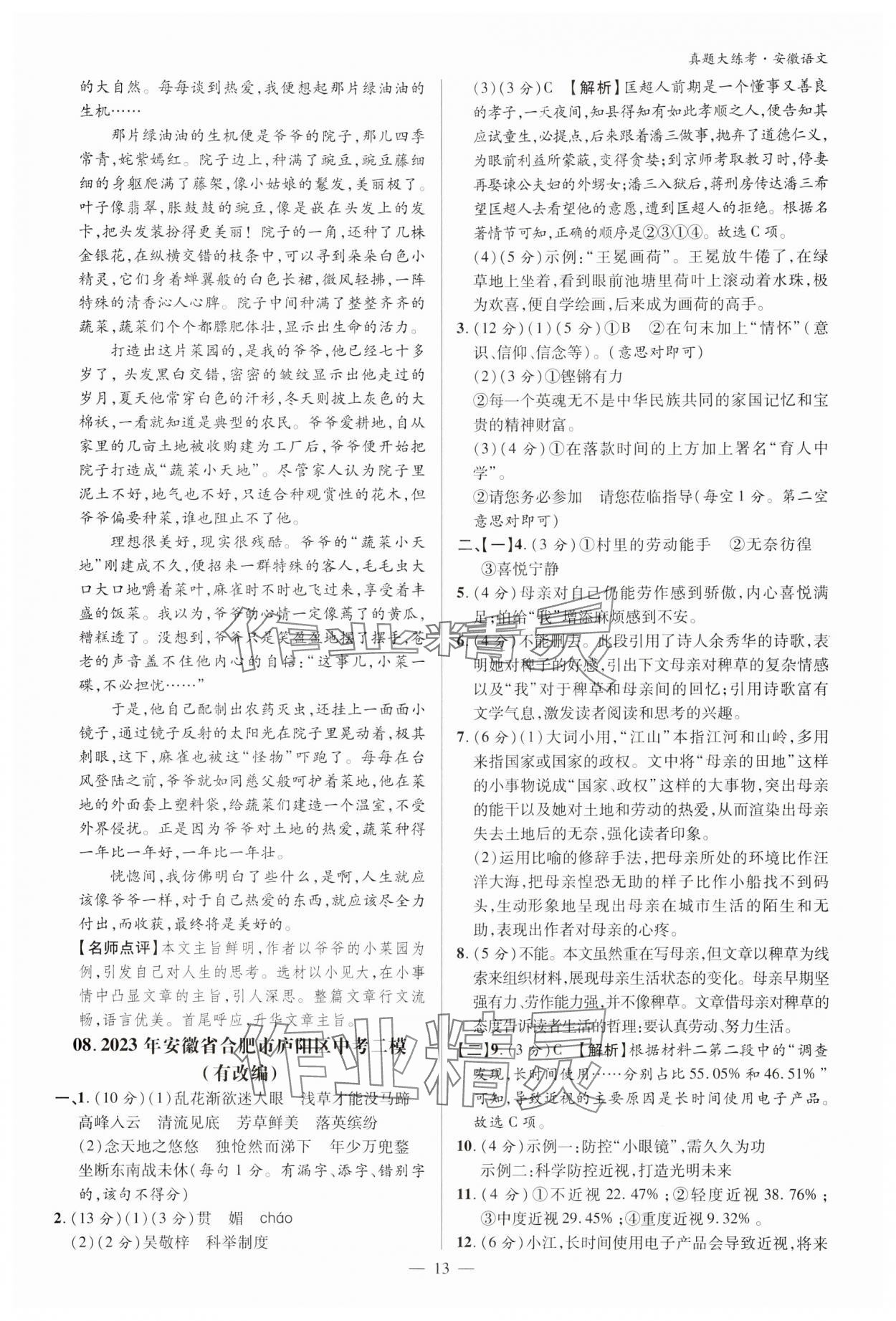 2024年中考真題大練考語文安徽專版 參考答案第12頁