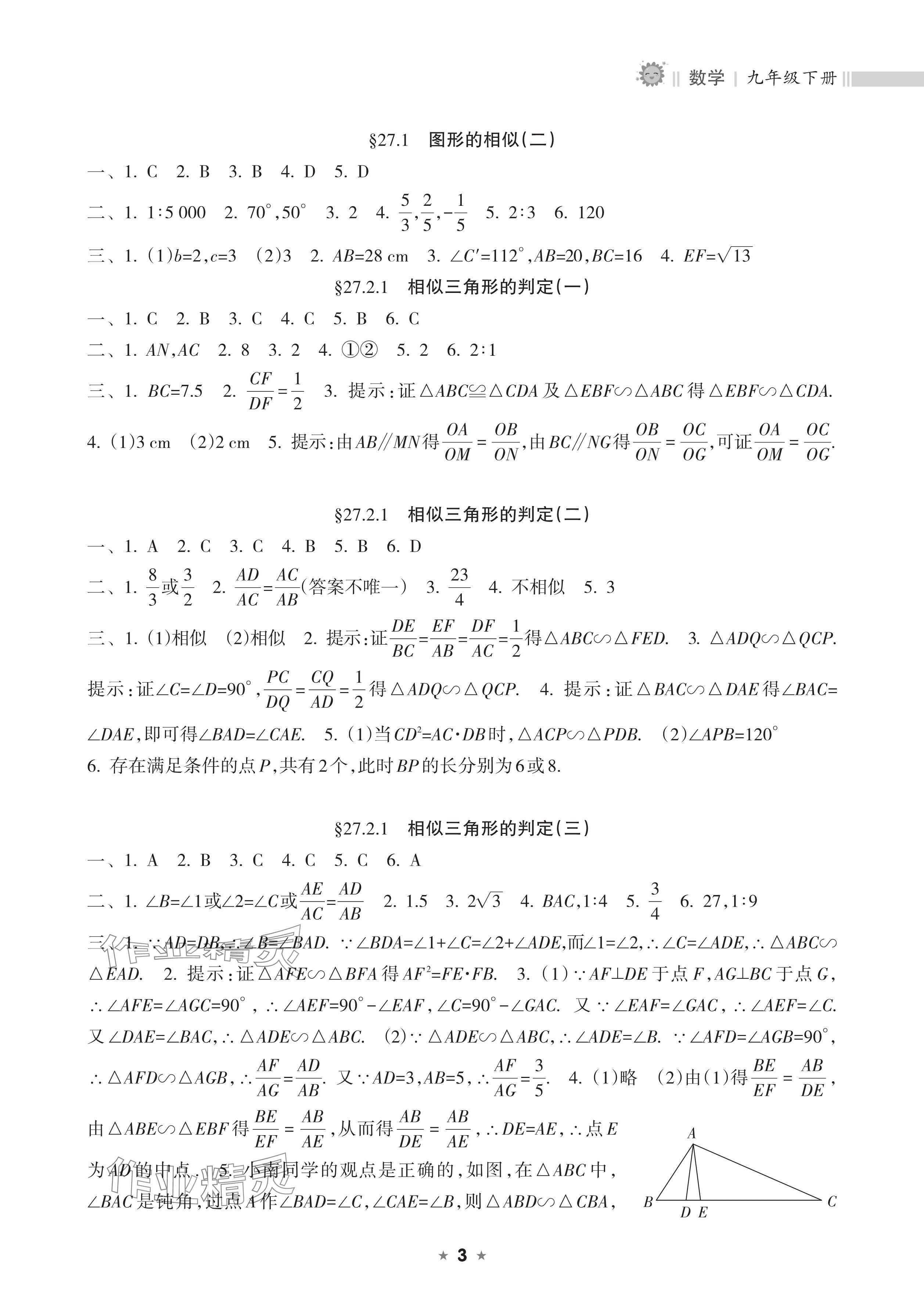 2025年新課程課堂同步練習(xí)冊九年級數(shù)學(xué)下冊人教版 參考答案第3頁