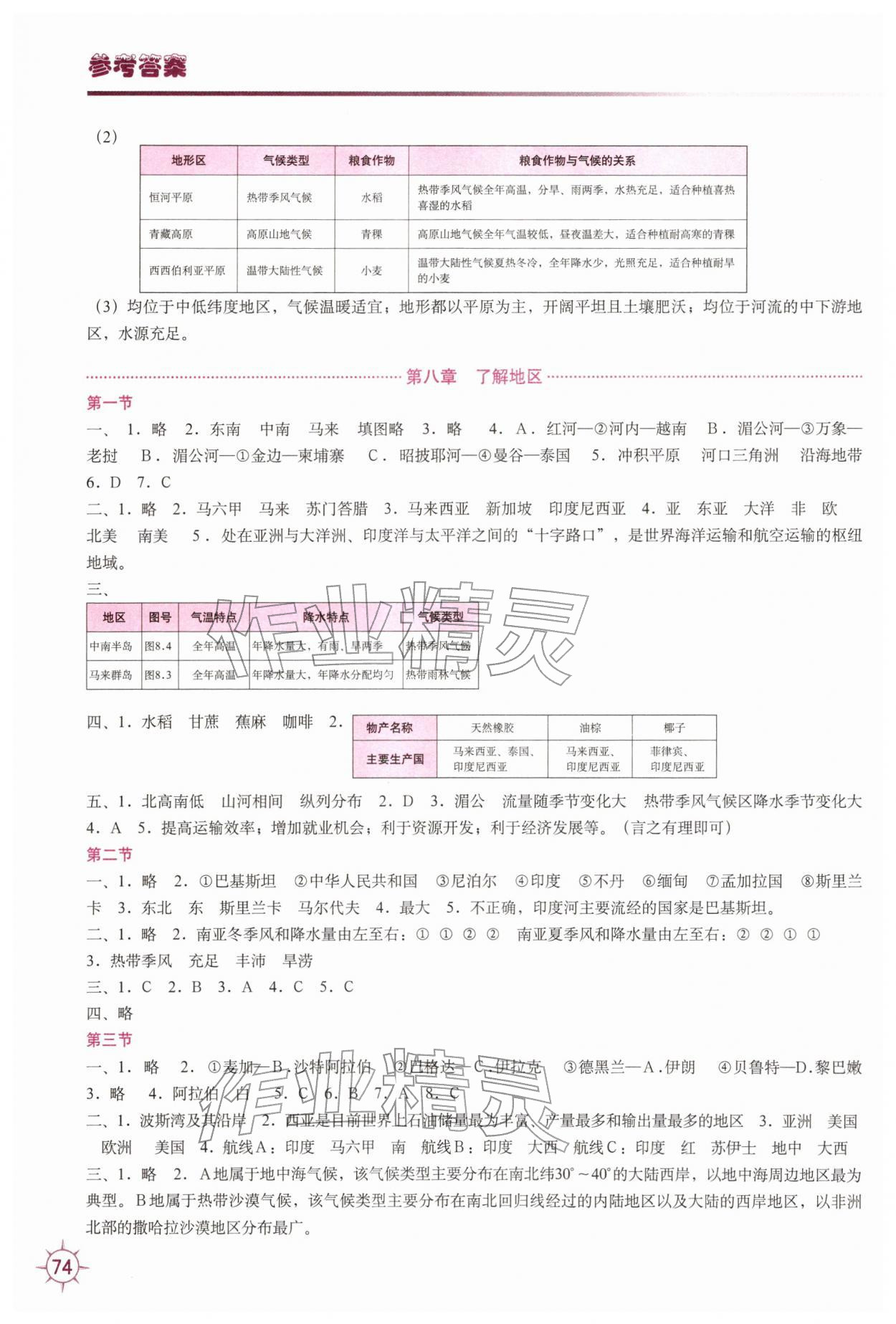 2026年填充图册中国地图出版社七年级地理下册湘教版贵州专版&nbsp;参考答案第2页