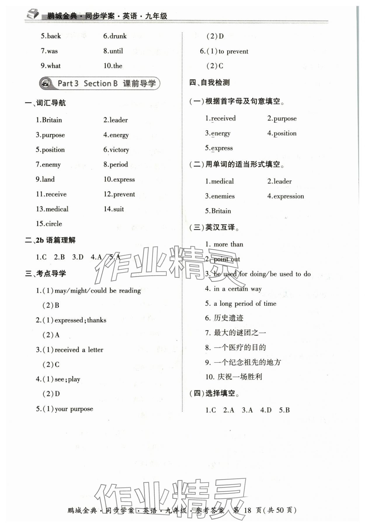 2024年名師幫同步學案九年級英語全一冊人教版 參考答案第18頁