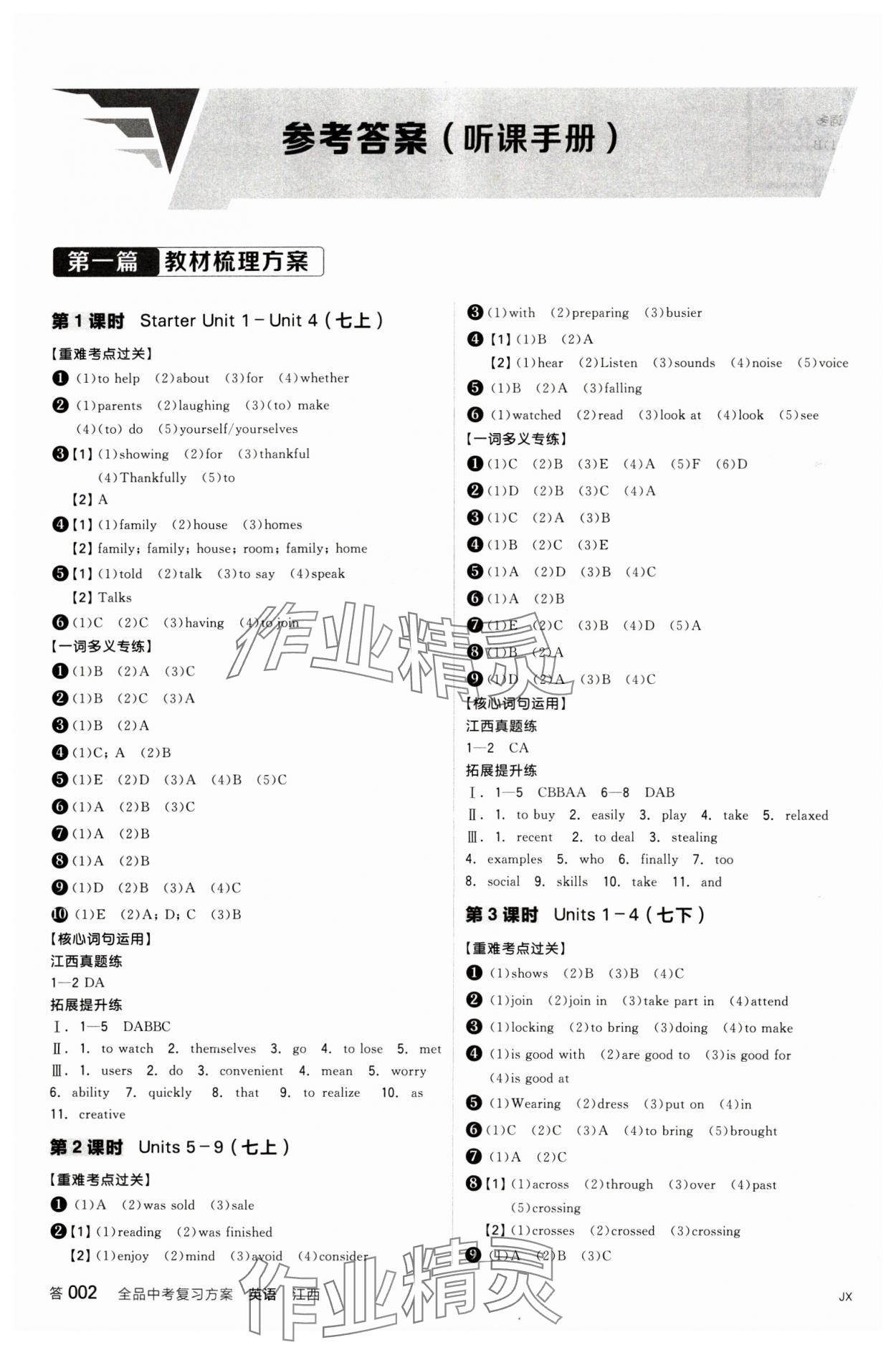 2024年全品中考复习方案英语江西专版 参考答案第1页