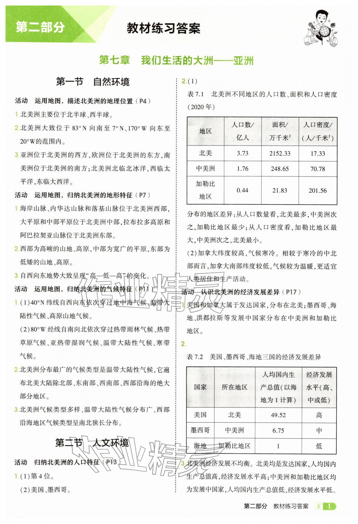 2026年教材课本七年级地理下册人教版&nbsp;参考答案第1页