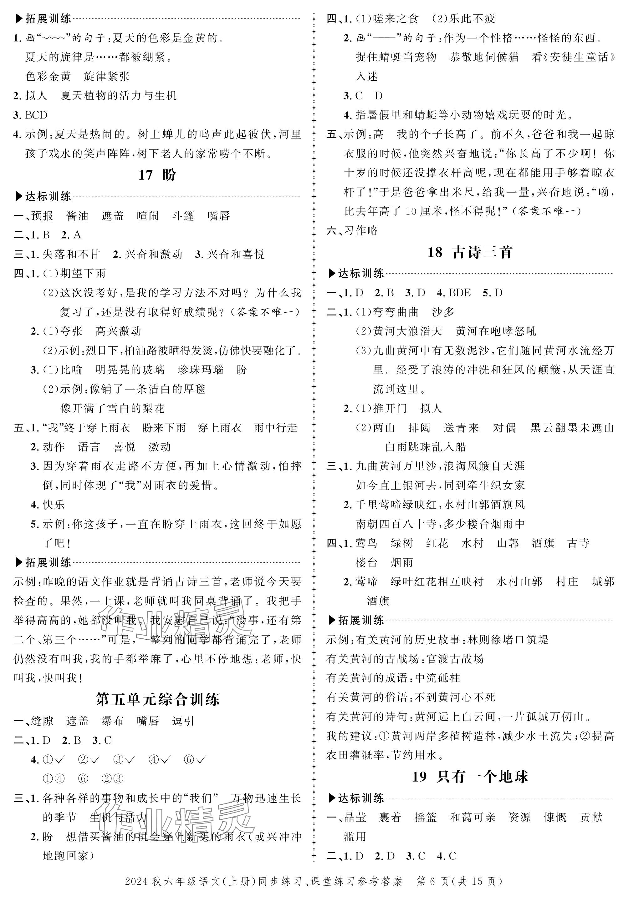 2024年創(chuàng)新作業(yè)同步練習(xí)六年級(jí)語文上冊(cè)人教版 參考答案第6頁