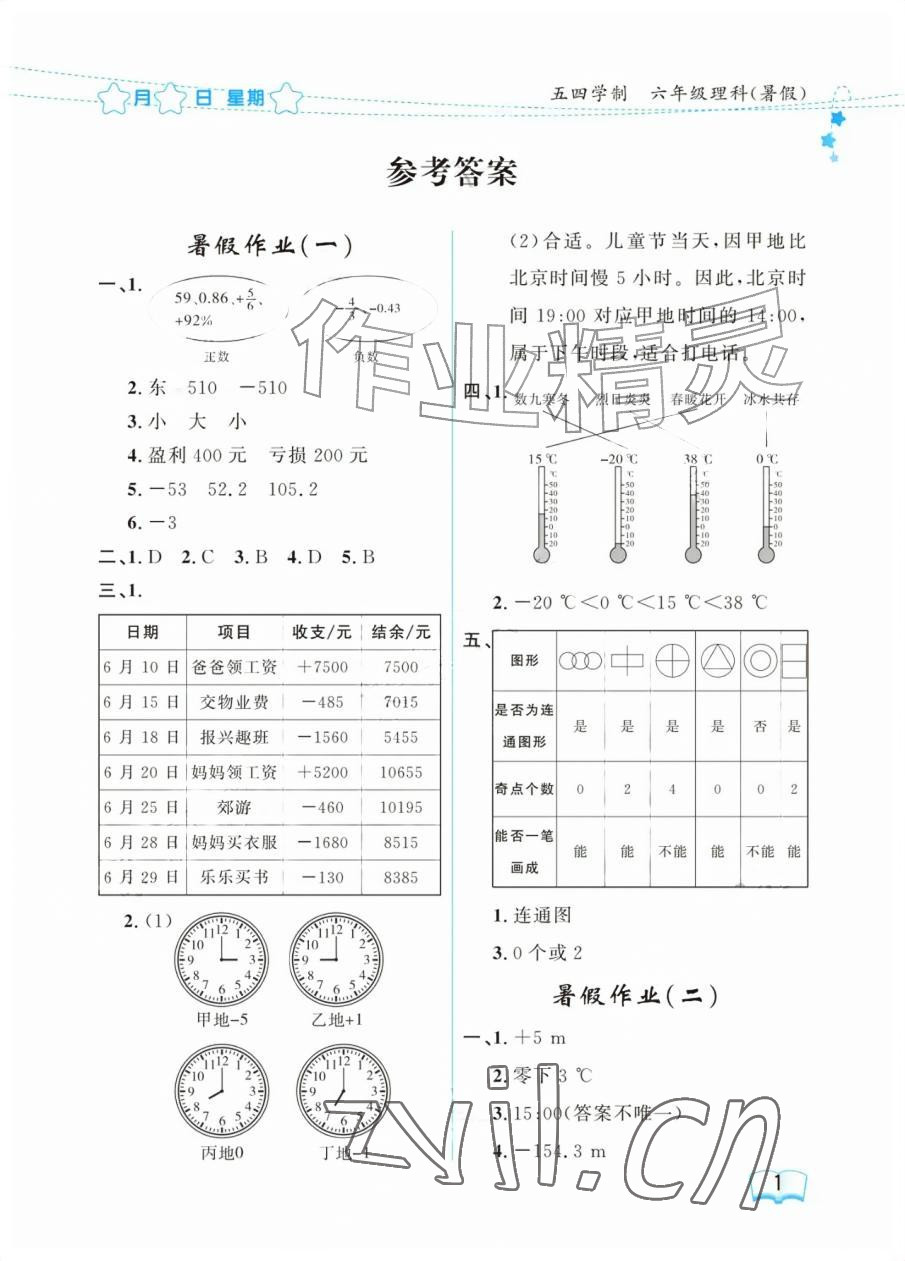 2026年阳光假日暑假六年级理综通用版五四制&nbsp;参考答案第1页