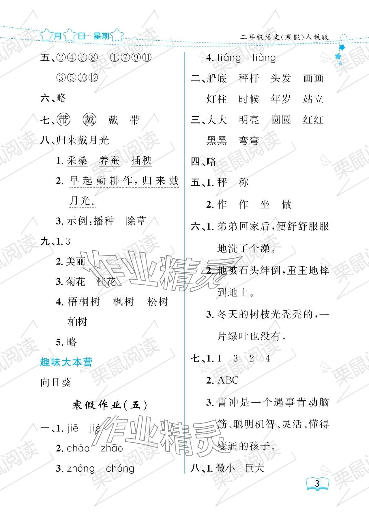 2024年阳光假日寒假二年级语文人教版 参考答案第3页