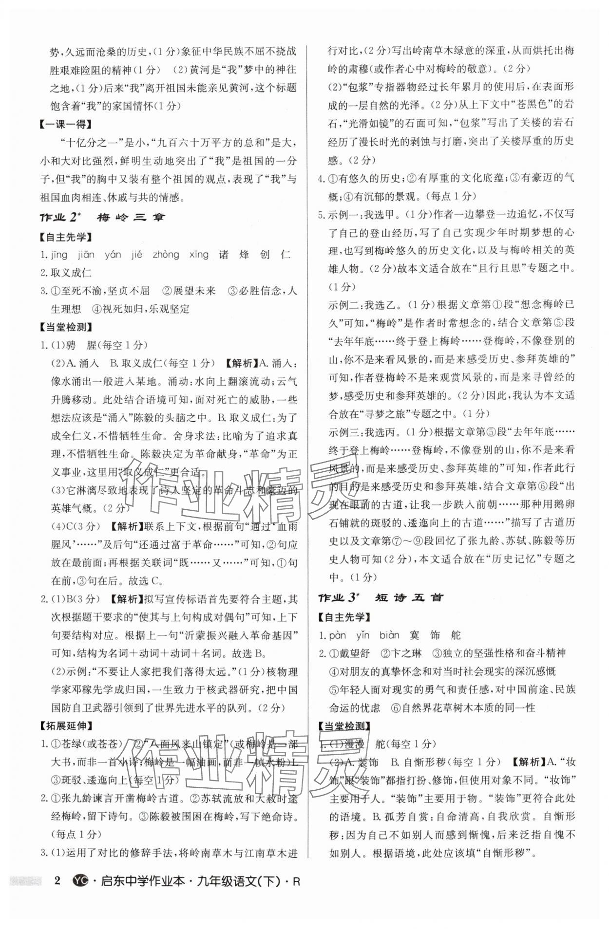 2025年启东中学作业本九年级语文下册人教版盐城专版 参考答案第2页