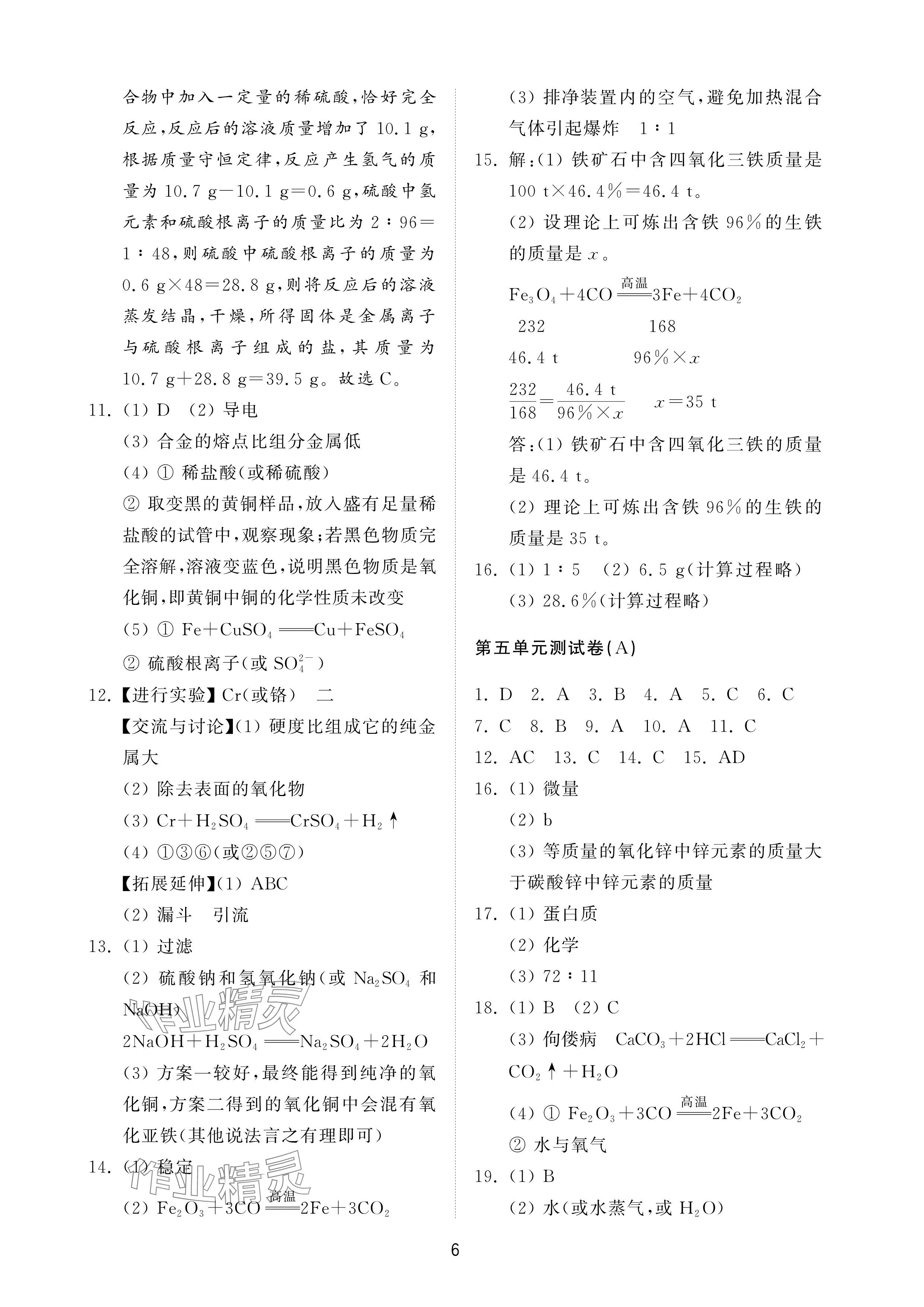 2025年同步練習冊配套檢測卷九年級化學下冊魯教版煙臺專版五四制 參考答案第6頁