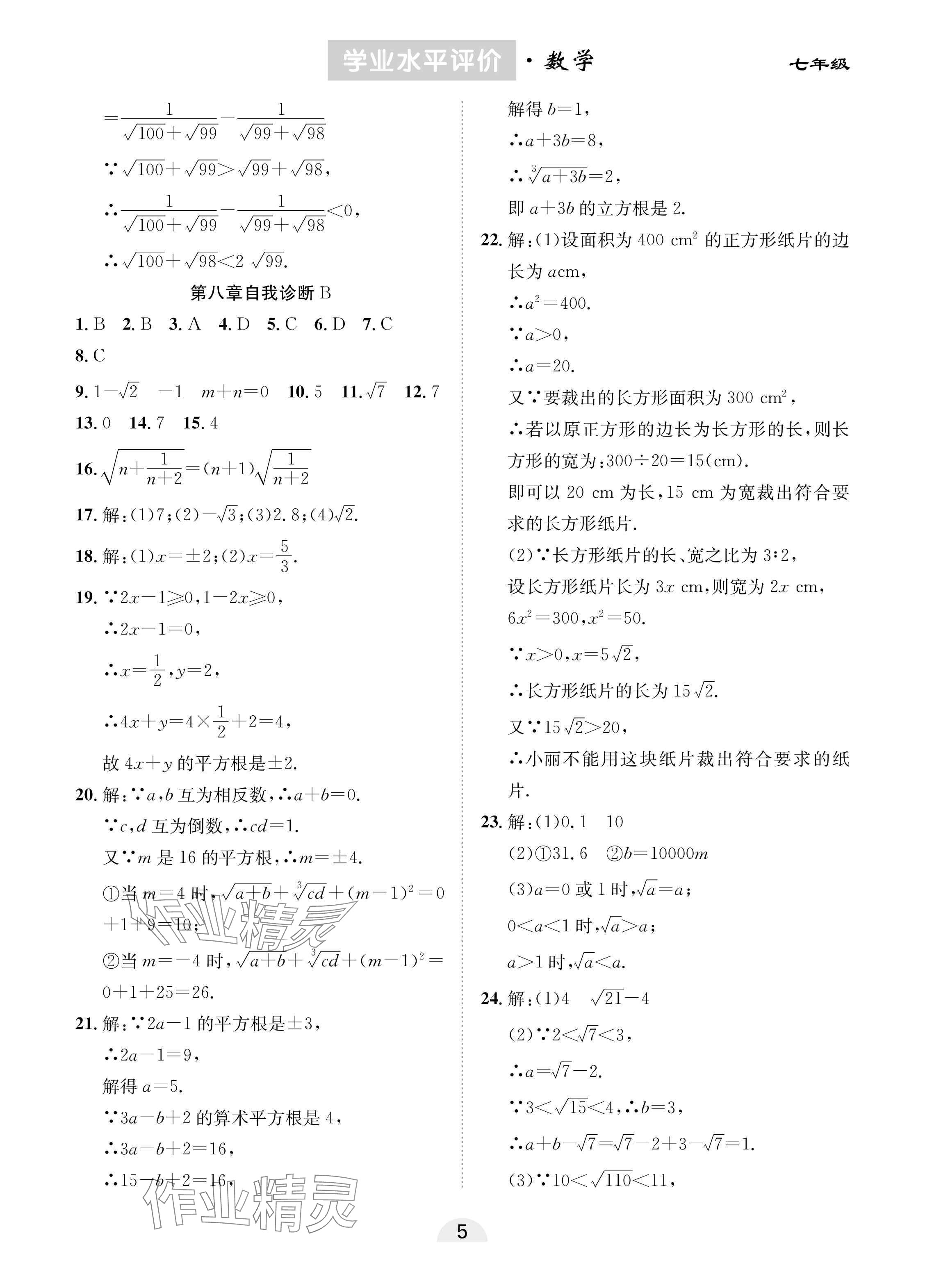 2025年學(xué)業(yè)水平評(píng)價(jià)七年級(jí)數(shù)學(xué)下冊(cè)人教版 參考答案第5頁(yè)