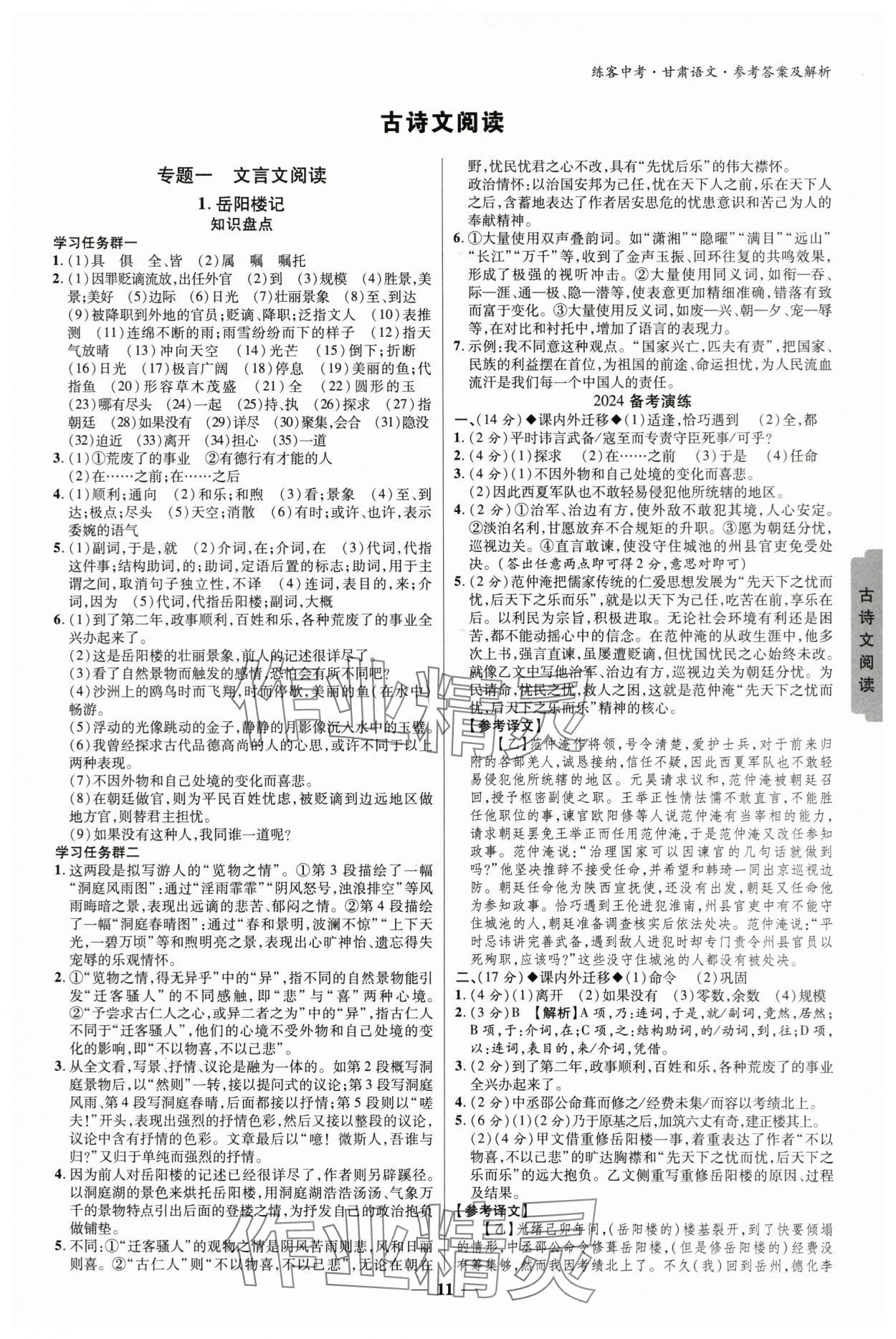 2024年練客中考提優(yōu)方案語文甘肅專版 參考答案第10頁