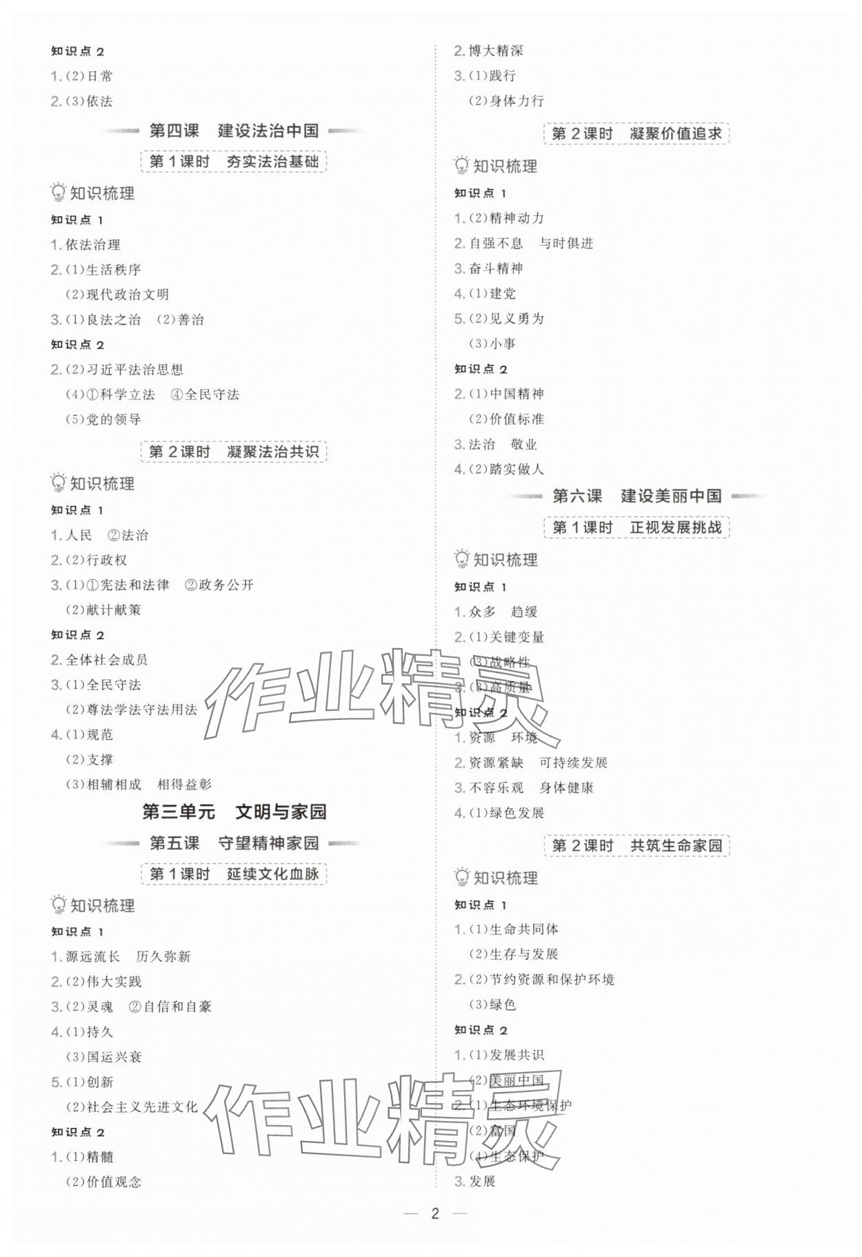 2025年点拨训练九年级道德与法治上册人教版海南专版 参考答案第2页