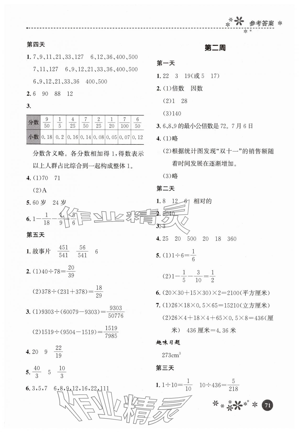 2025年缤纷假期河北教育出版社五年级数学 参考答案第2页